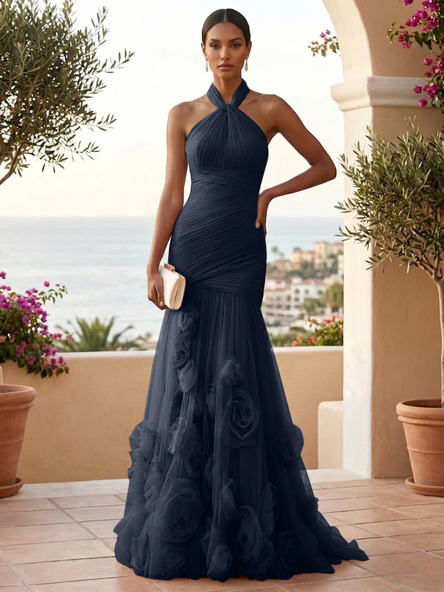 Halter Neck Ruched Tulle Mermaid Gown with 3D Floral Appliqués