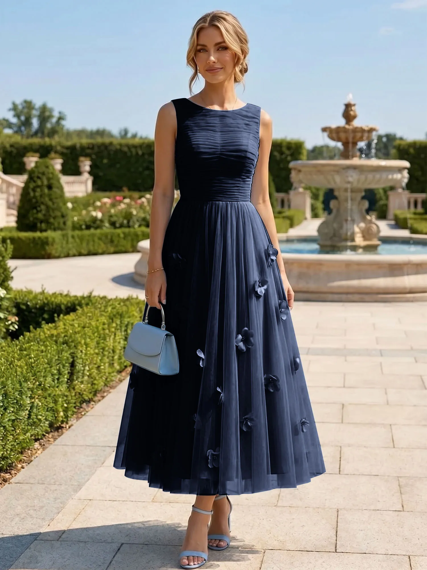 A Line Sleeveless Tulle Midi Dress with 3D Floral Appliqués