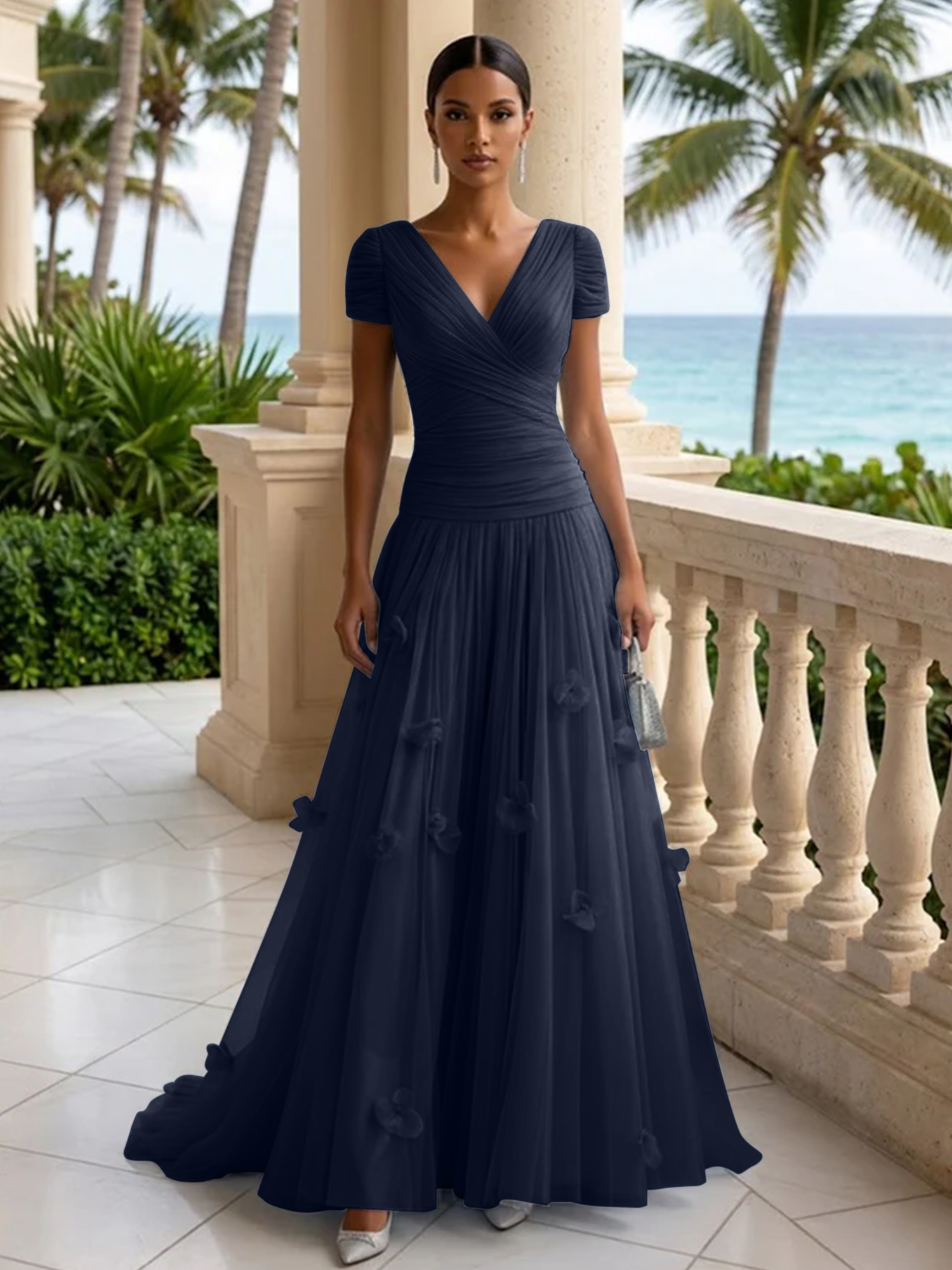 Elegant V-Neck Ruched Tulle A-Line Evening Gown with 3D Floral Appliqués