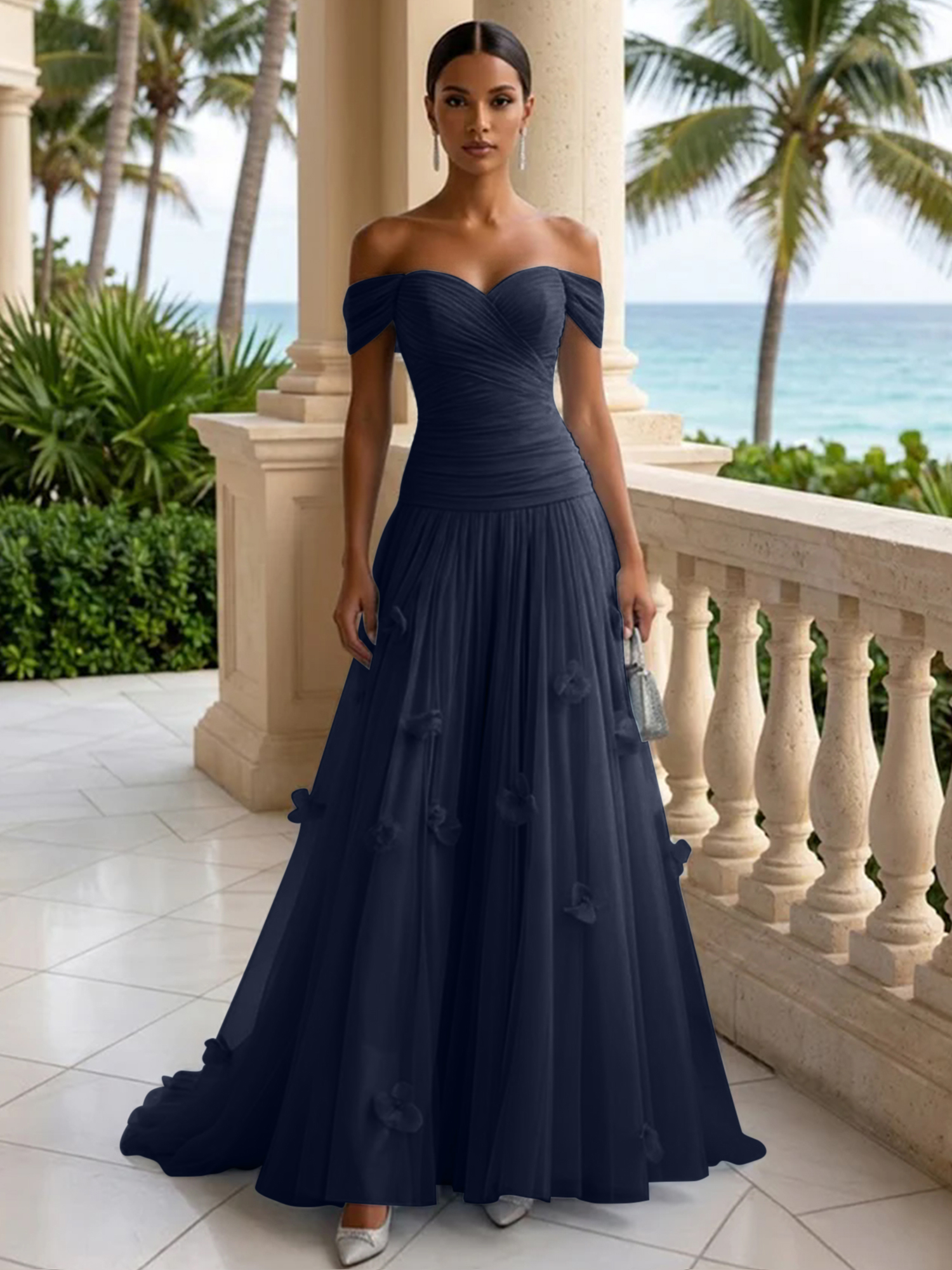 Elegant Off-the-Shoulder Ruched Tulle A-Line Evening Gown with 3D Floral Appliqués