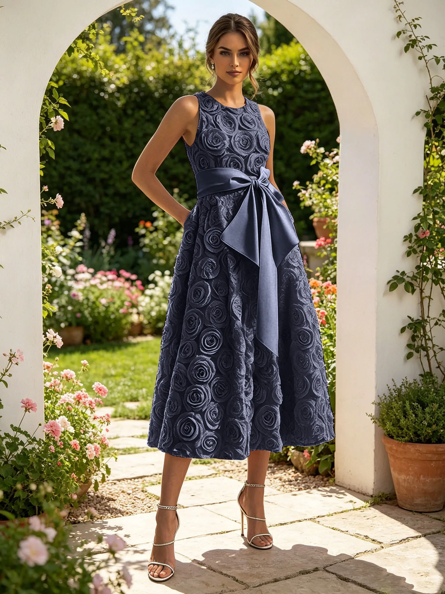 Sleeveless 3D Rose Midi Evening Dress with Satin Bow Sash