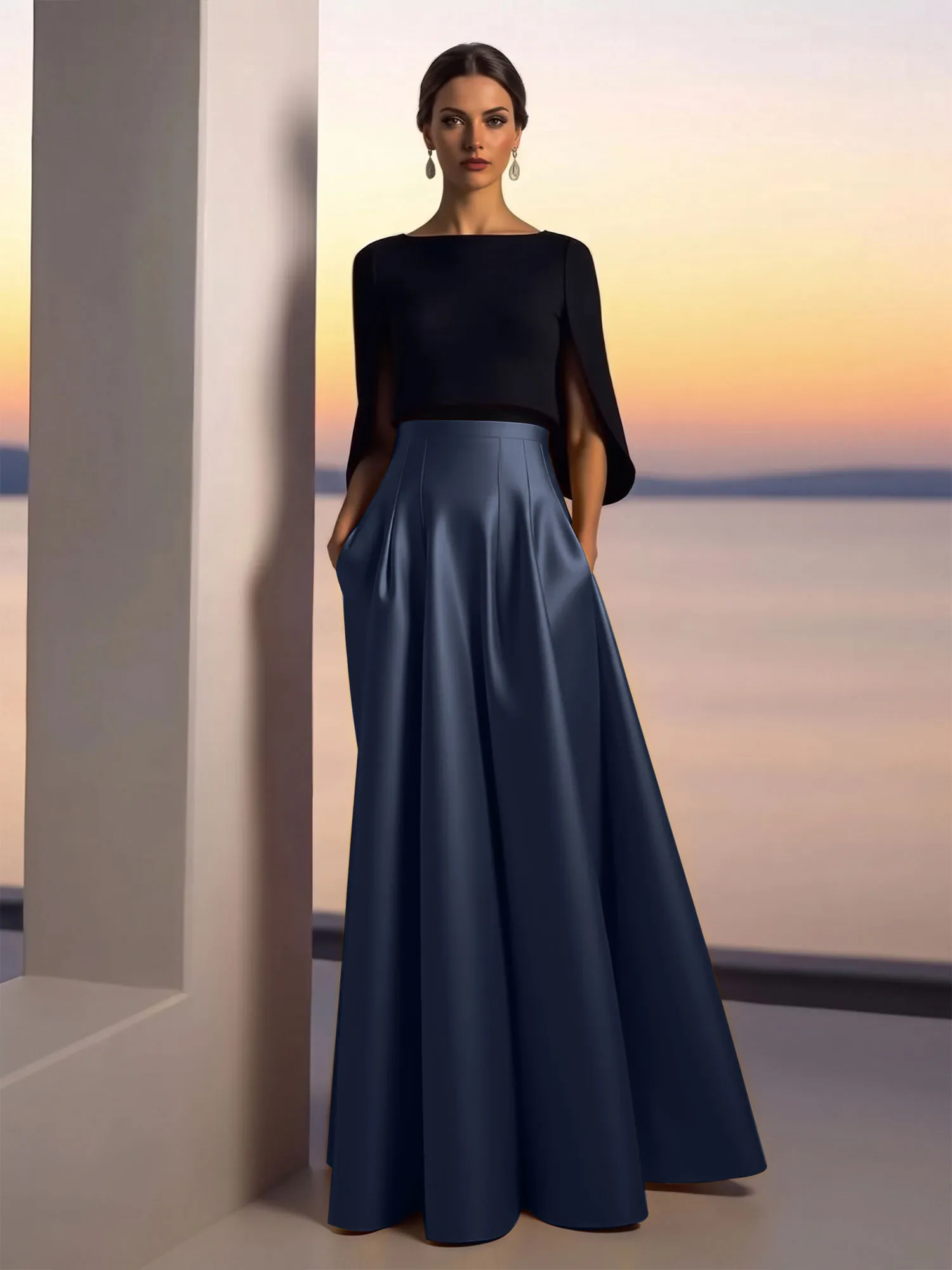 Two-Piece Cape Sleeve Satin Ball Gown Evening Dress