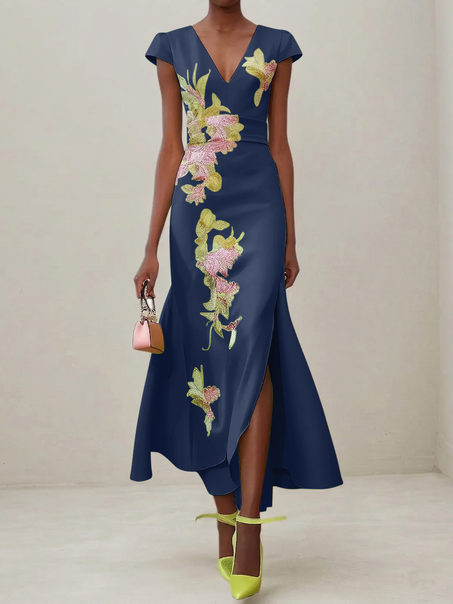 Elegant V-Neck Cap Sleeve Satin Midi Gown with Floral Embroidery & High Slit