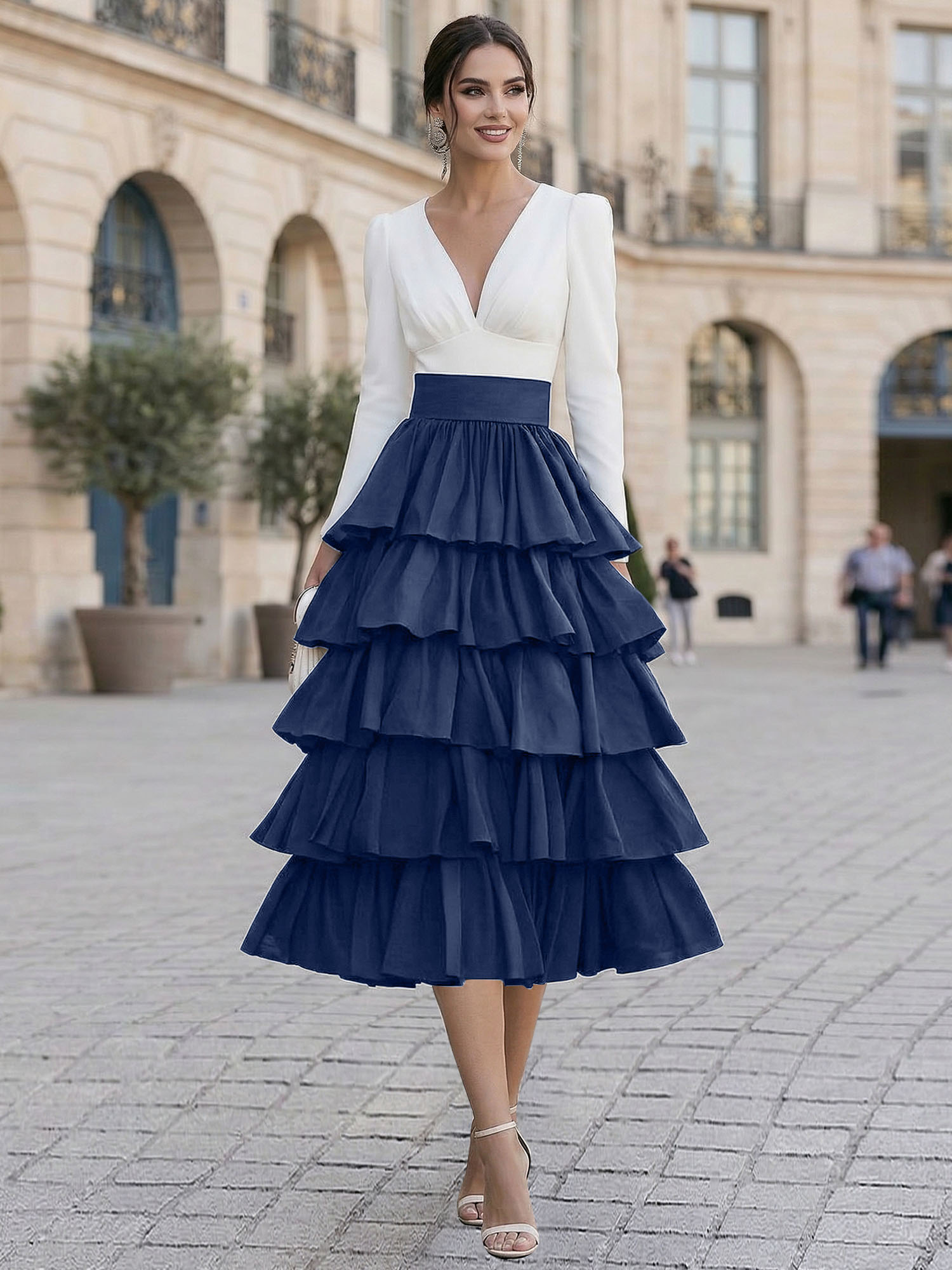 Elegant V-Neck Long Sleeve Tiered Ruffle Midi Dress with Contrast Waistband