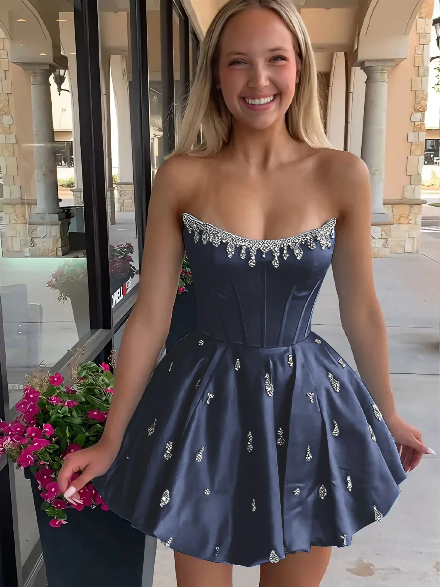 Strapless Beaded Corset Lace-Up Back Satin Homecoming Dress