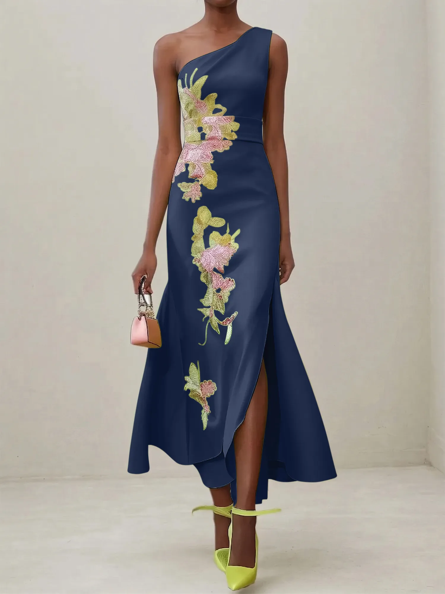 Elegant One Shoulder Cap Sleeve Satin Midi Gown with Floral Embroidery & High Slit