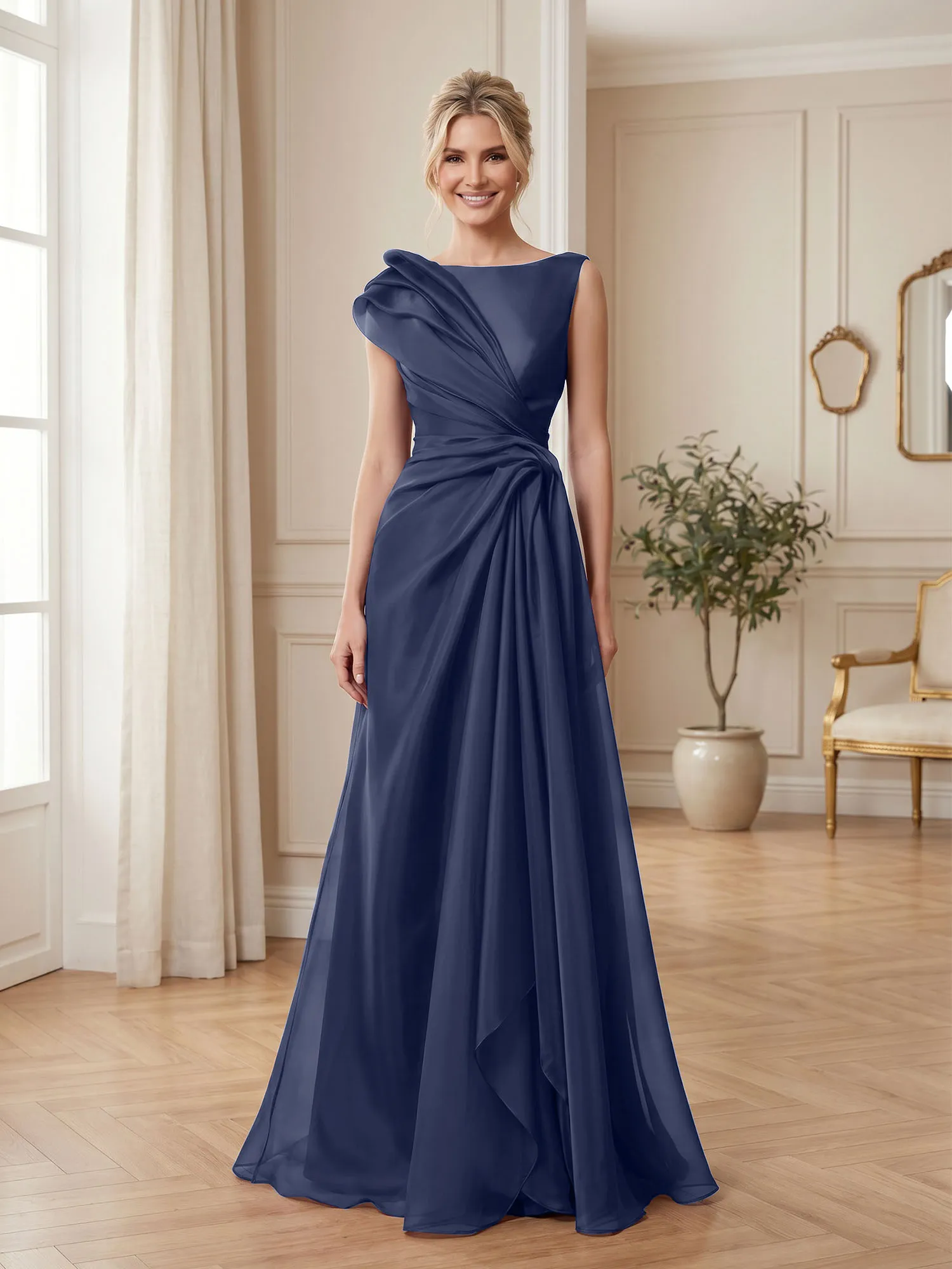 A Line Ruched Draped Tulle Evening Gown
