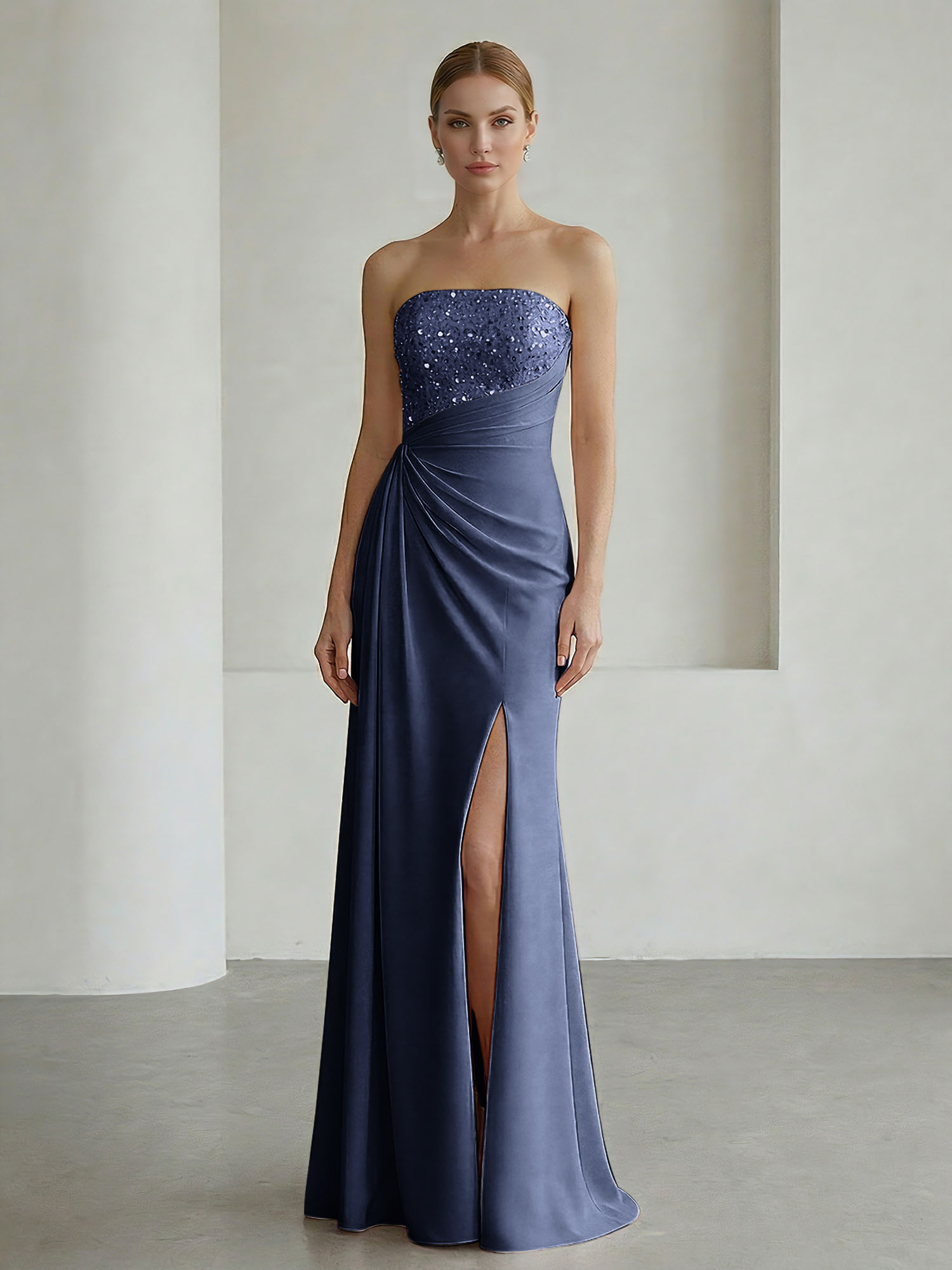 Glamorous Formal Evening Dress Soft Blush Beaded Strapless Slit Gown