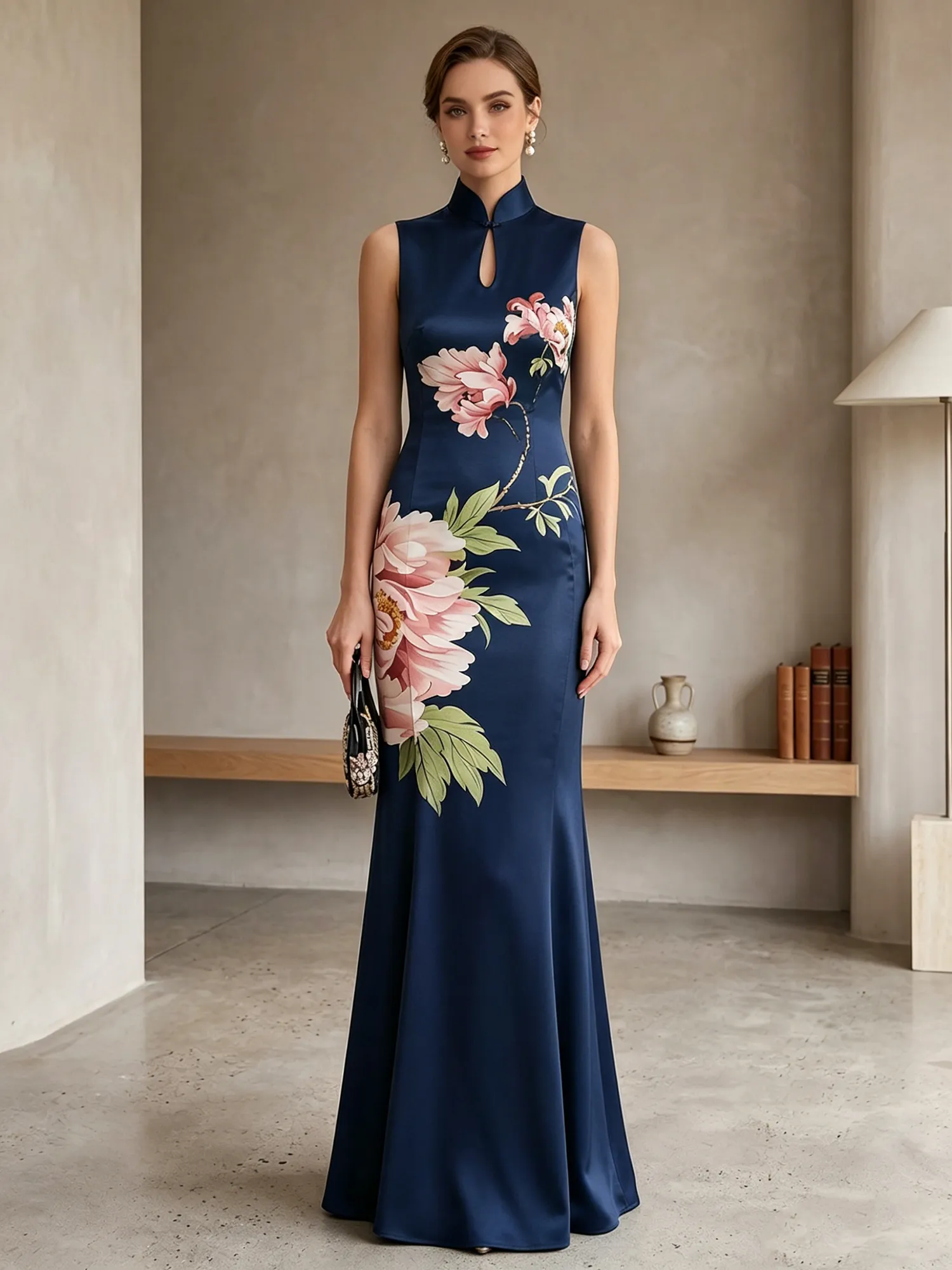 Satin Qipao-Inspired Floral Mermaid Evening Gown