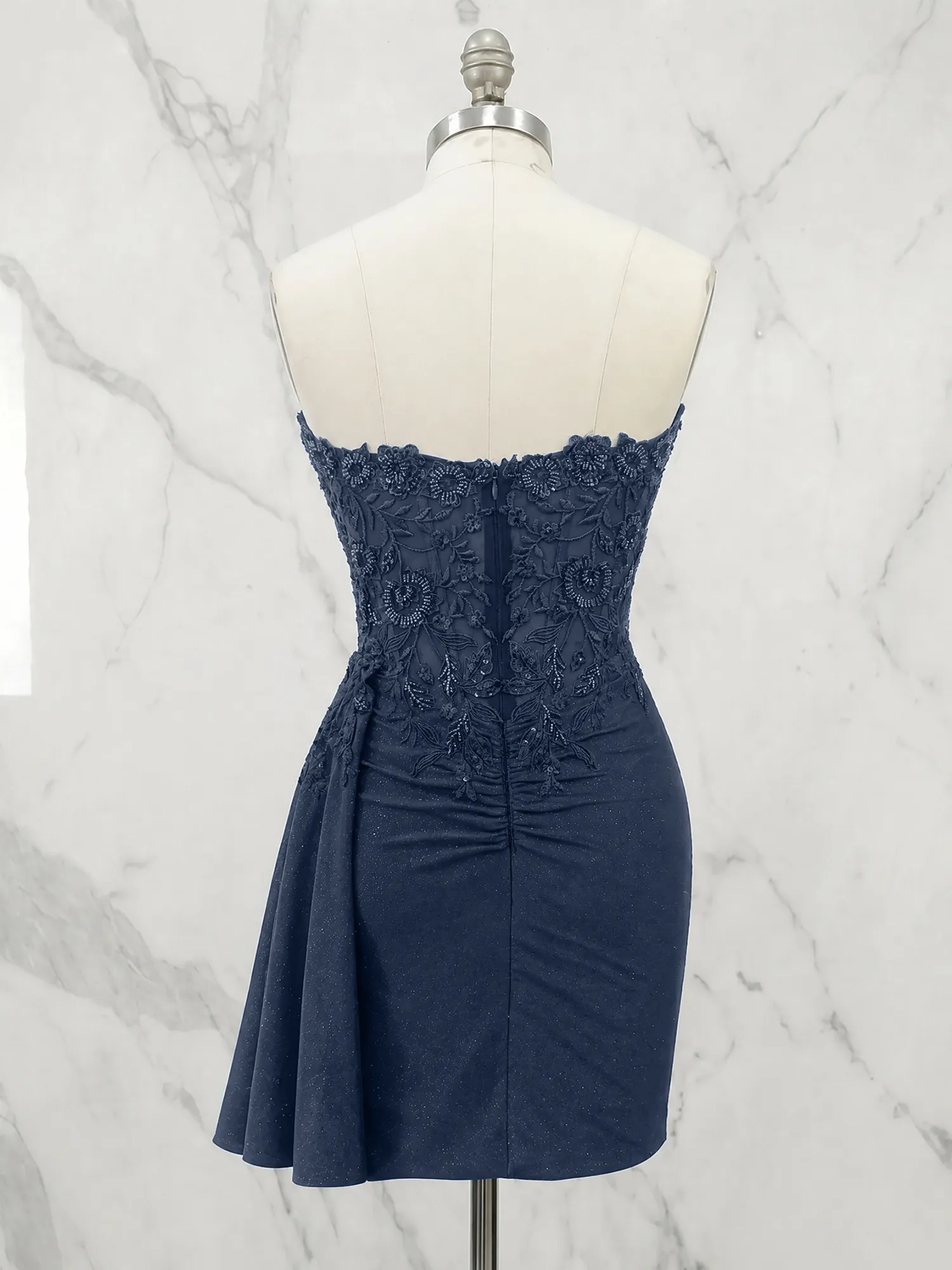 Strapless Lace Appliqué Glitter Homecoming Dress with Side Drape