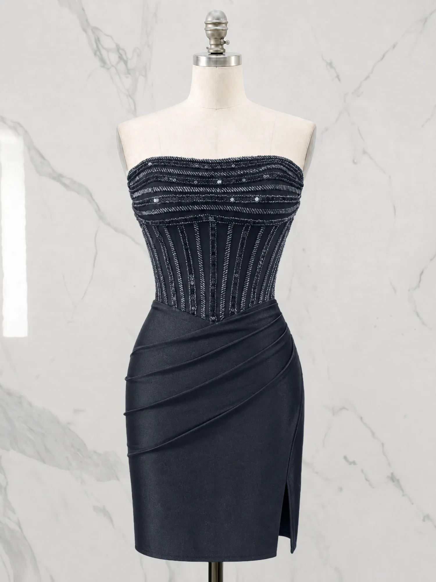 Strapless Beaded Corset Homecoming Dress with Ruched Skirt