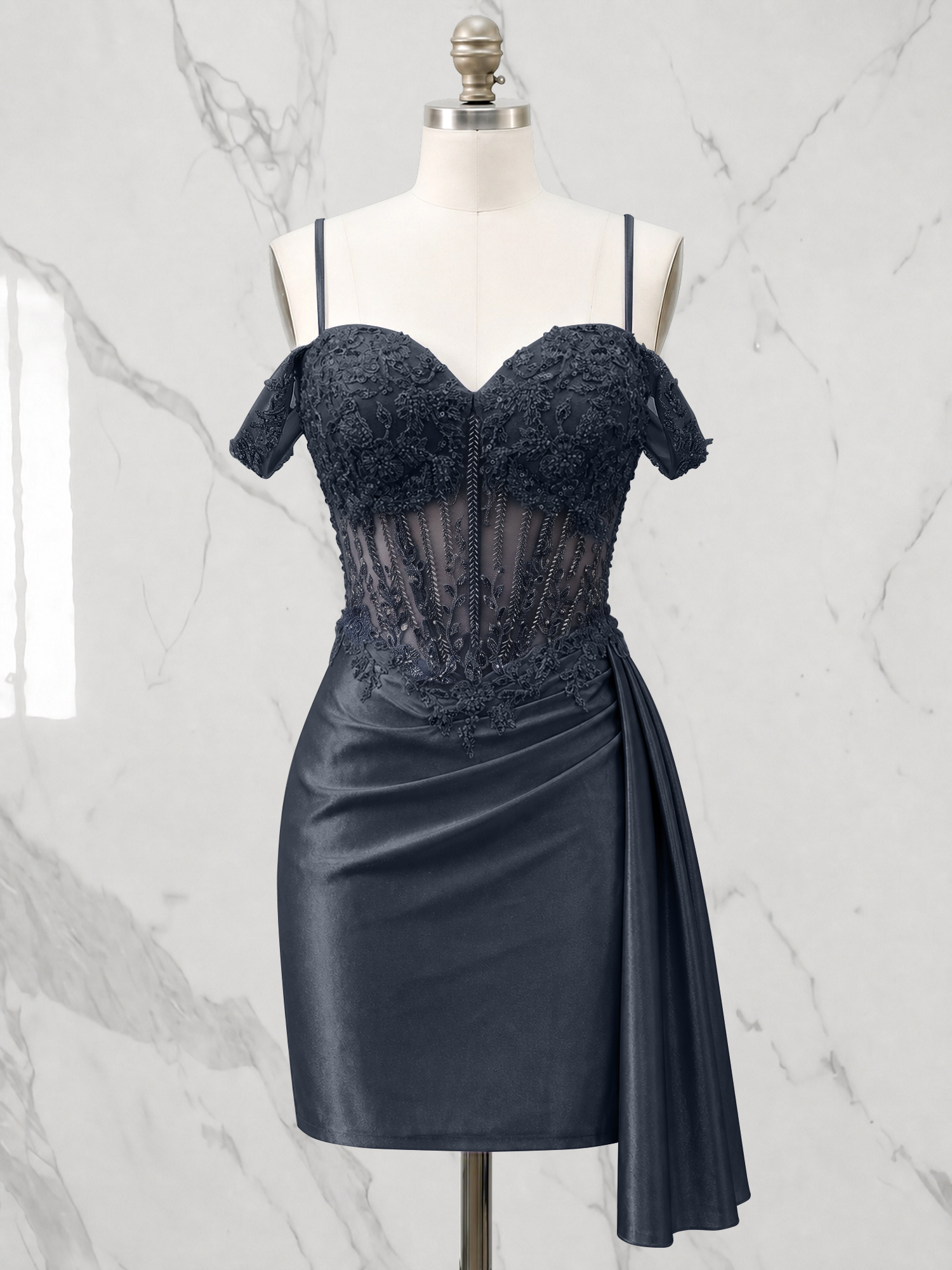 Off-the-Shoulder Lace Corset Homecoming Dress with Side Drape