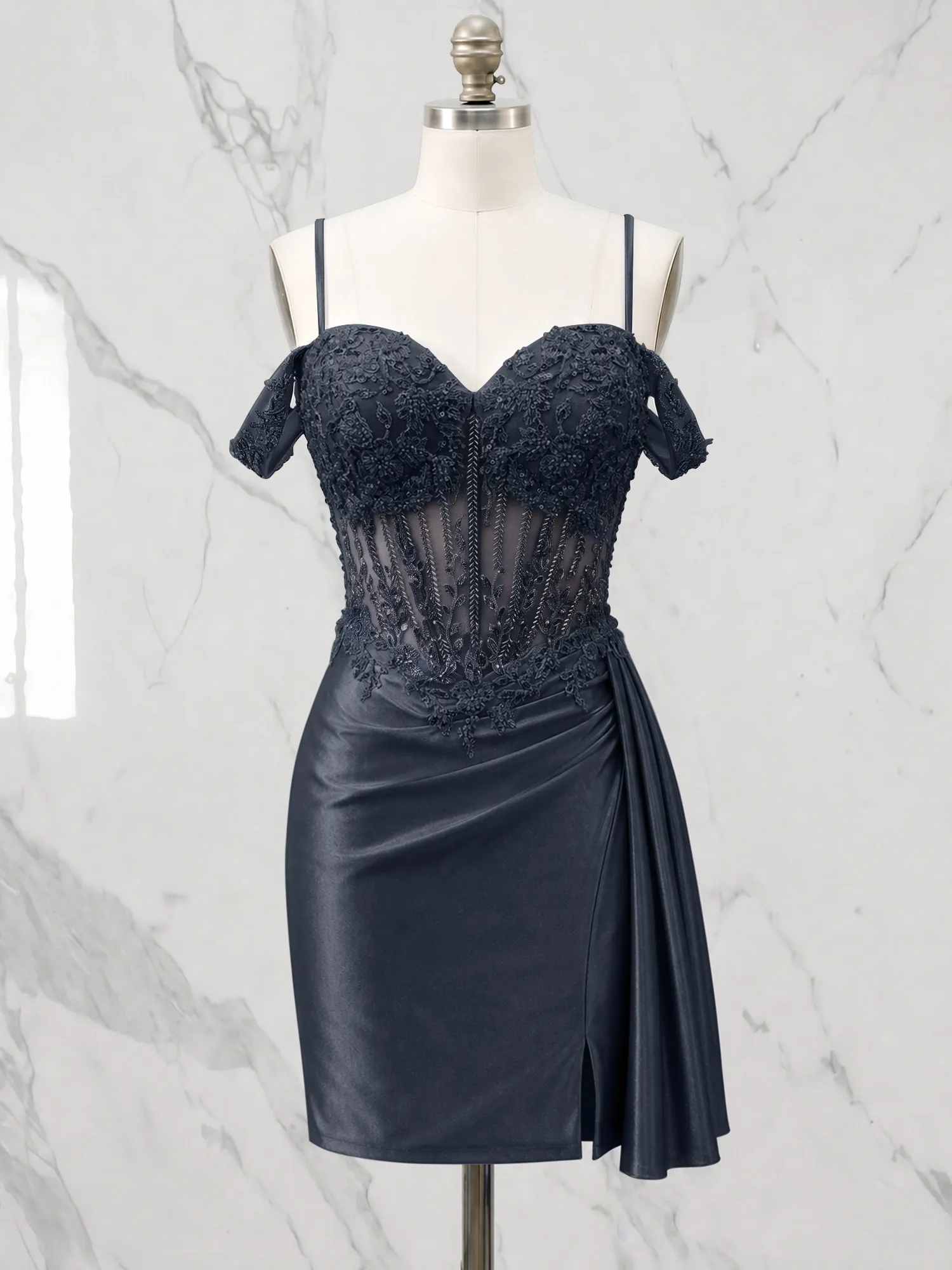 Off-the-Shoulder Lace Corset Homecoming Dress with Draped Skirt