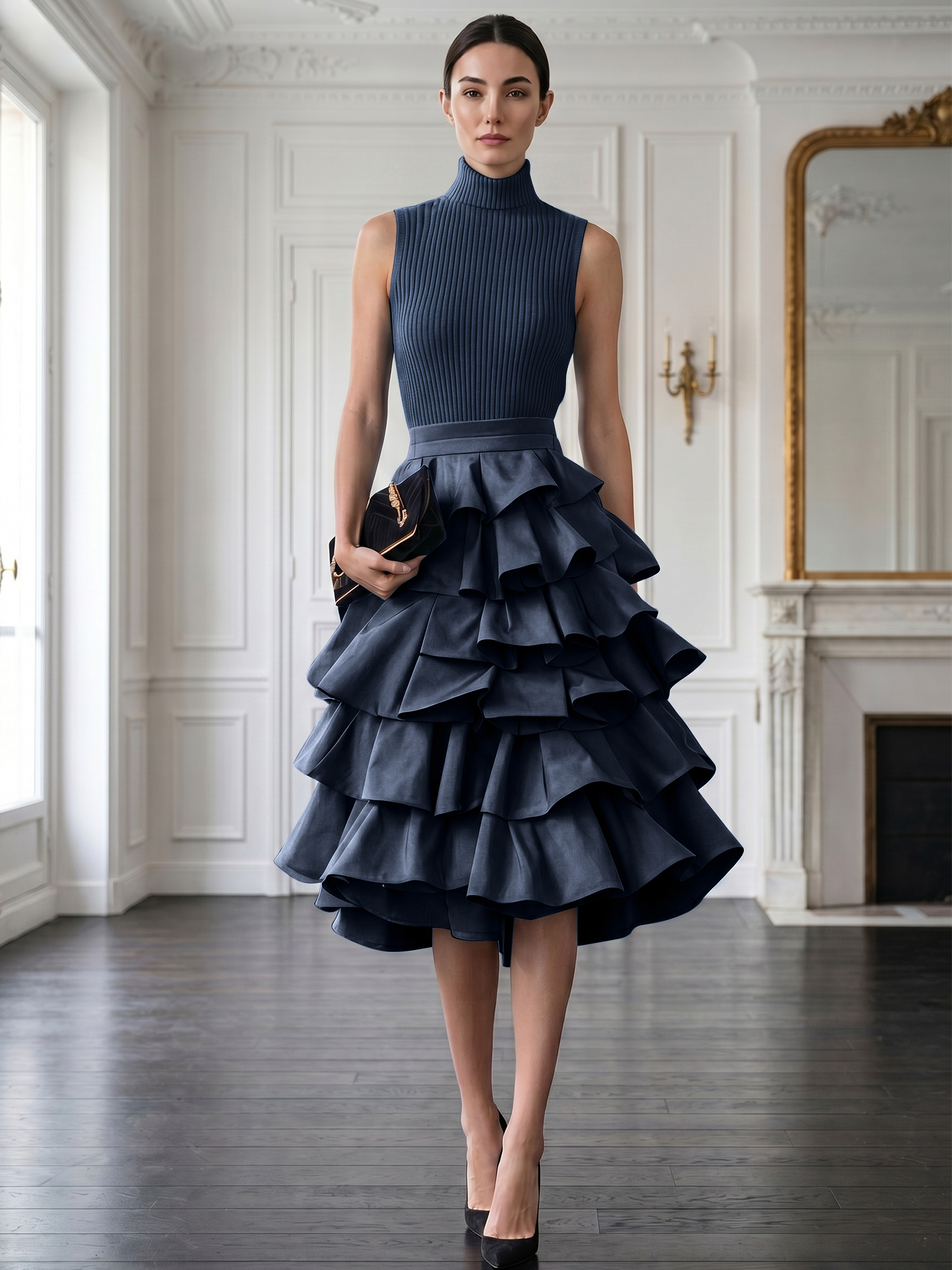 Avant-Garde Black High-Neck Tiered Ruffled Evening Gown