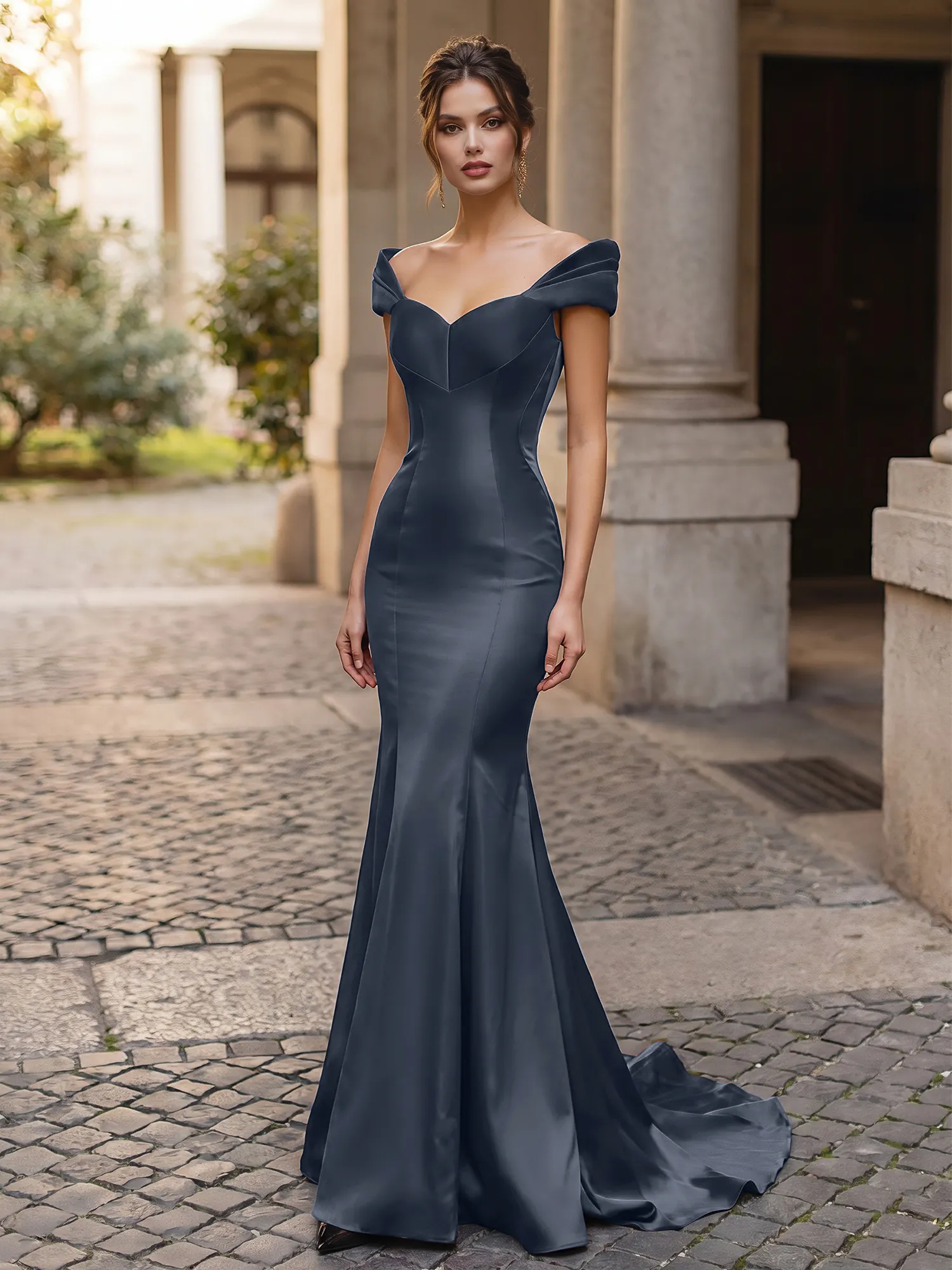 Off-the-Shoulder Sweetheart Lace-Up Back Satin Mermaid Prom Dress