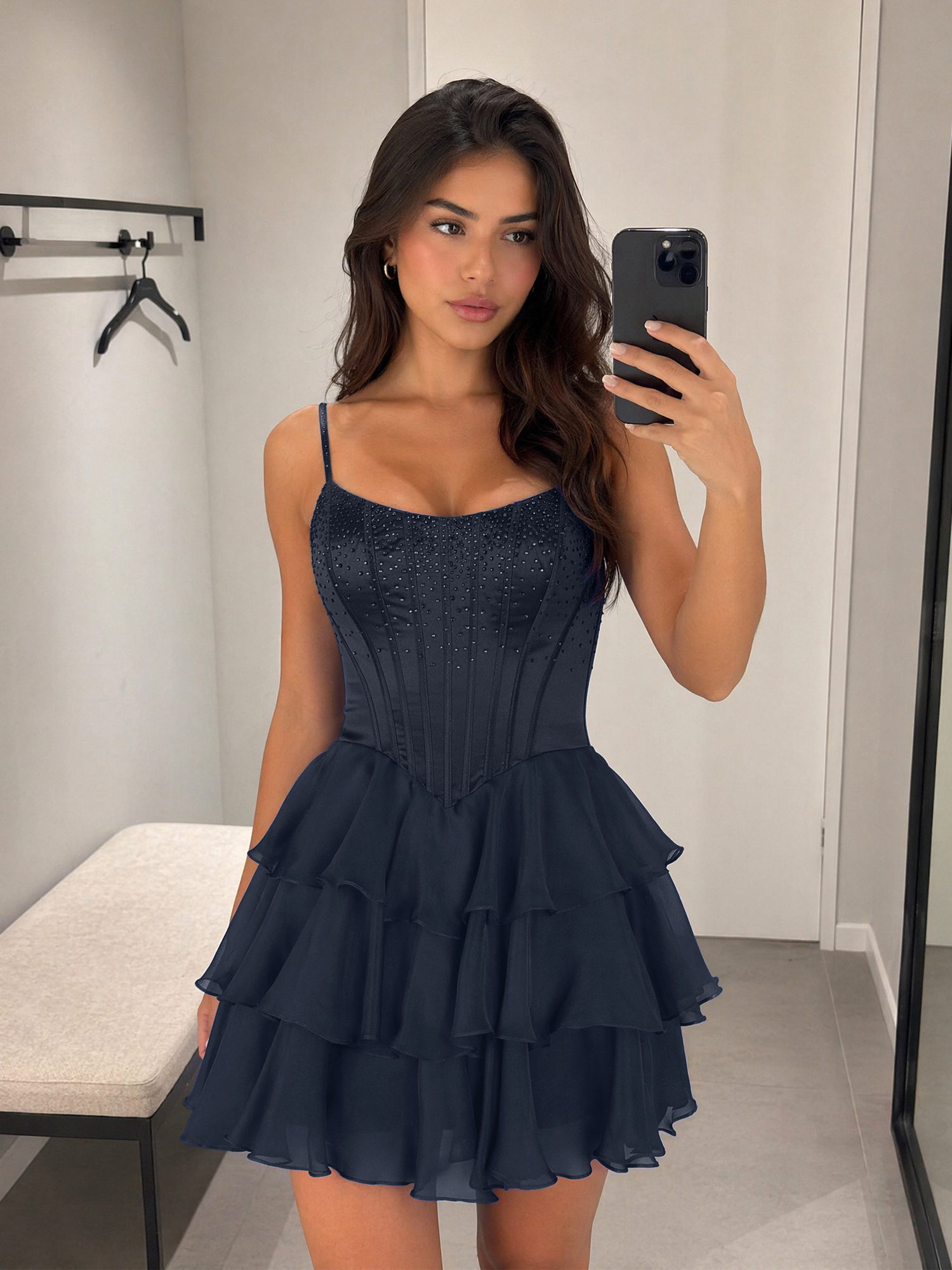 Royal Blue Rhinestone Corset Tiered Ruffle Homecoming Dress