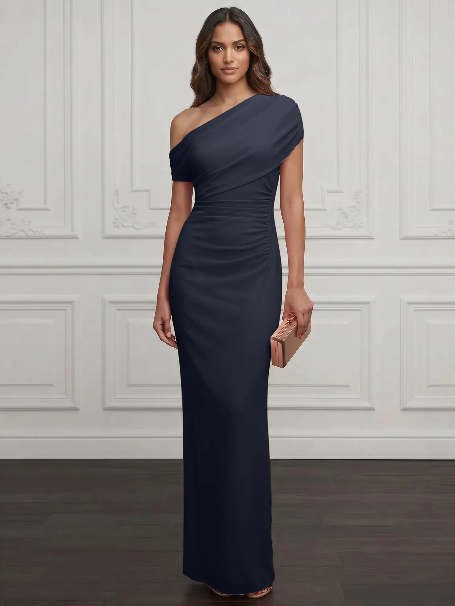 One-Shoulder Draped Chiffon Evening Gown