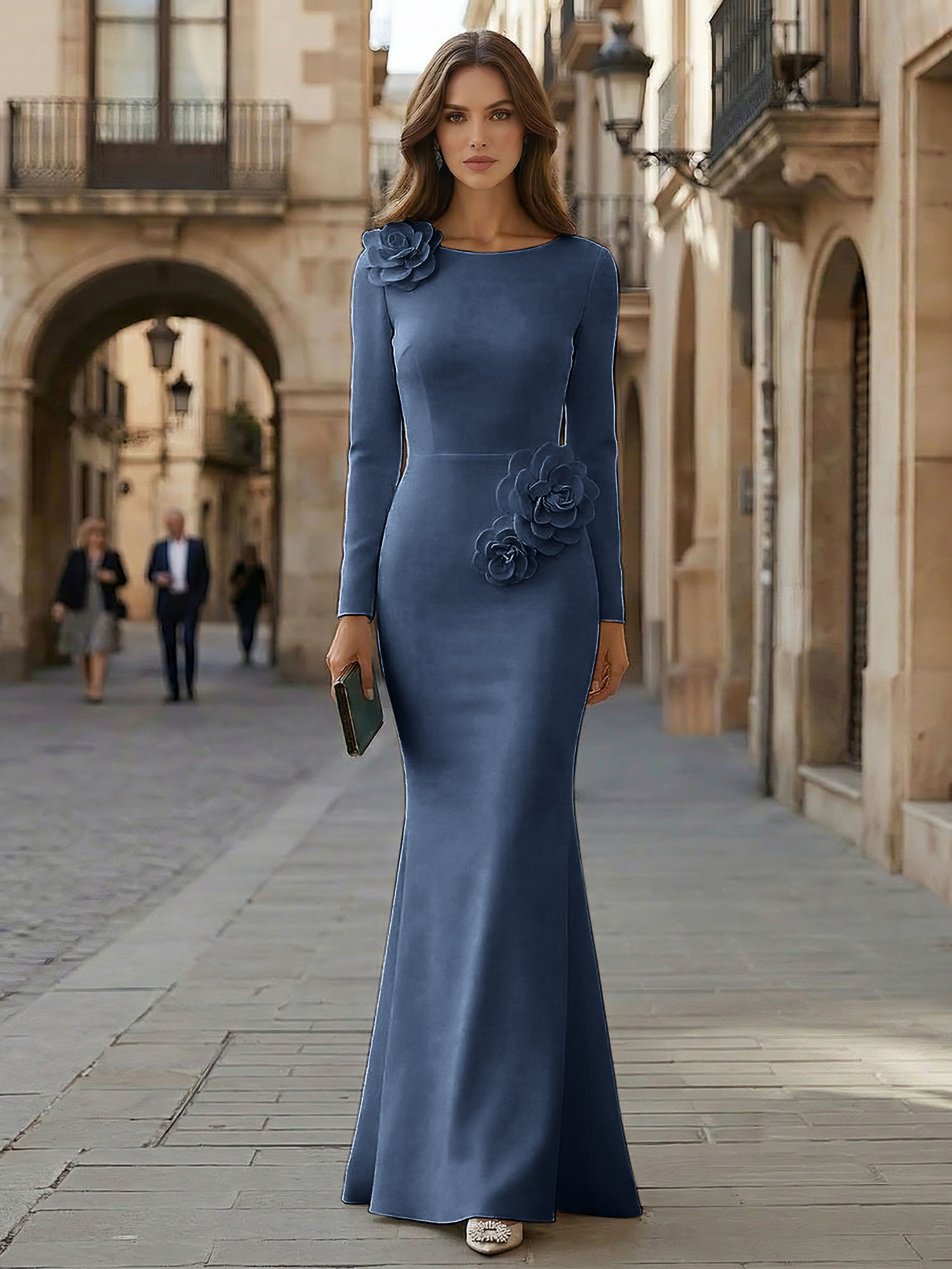Elegant Pure White Formal Evening Dress Long-Sleeve 3D Floral Crepe Maxi Dress Gown