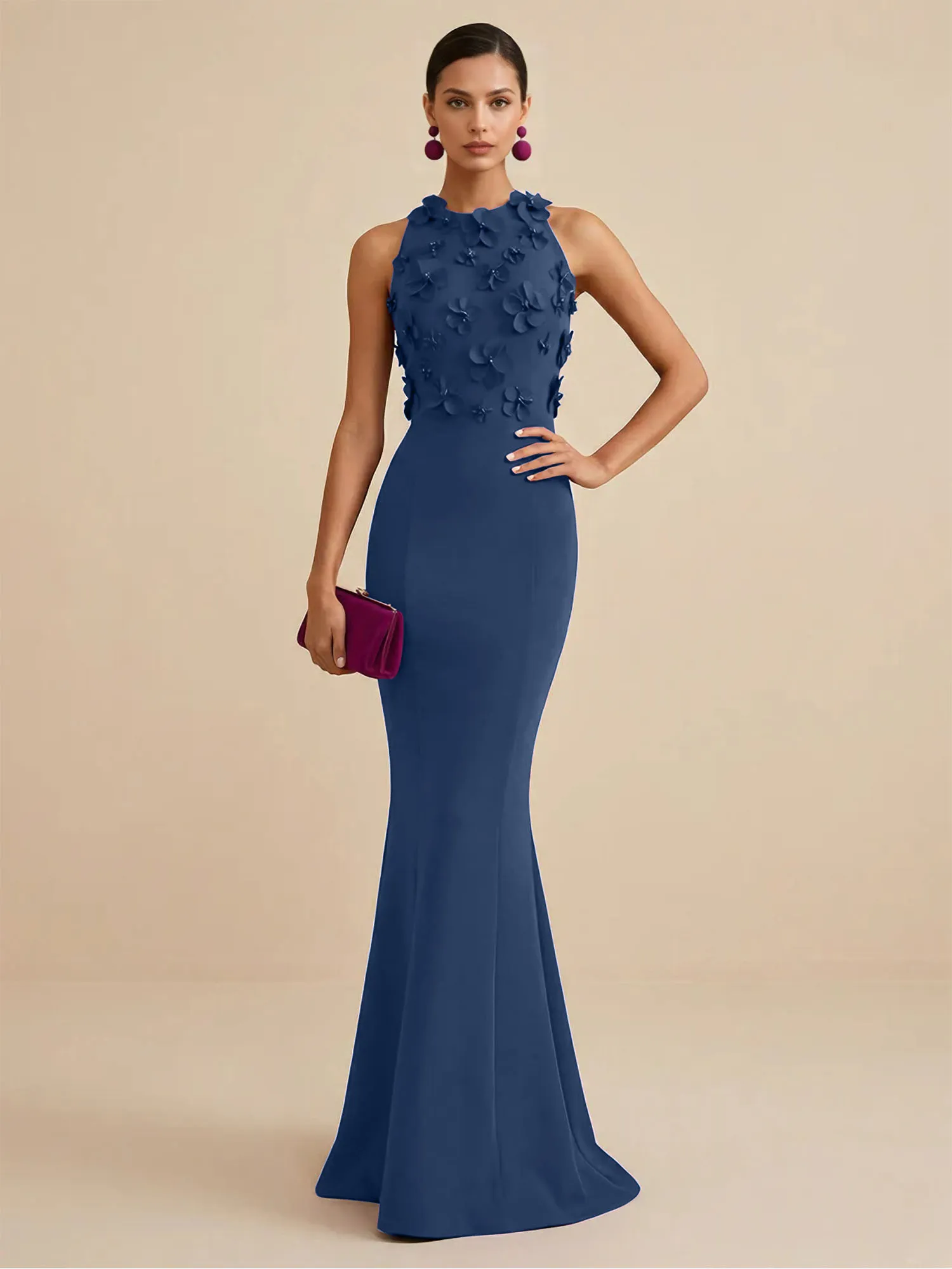 Scoop Neck 3D Floral Appliqué Crepe Mermaid Evening Gown