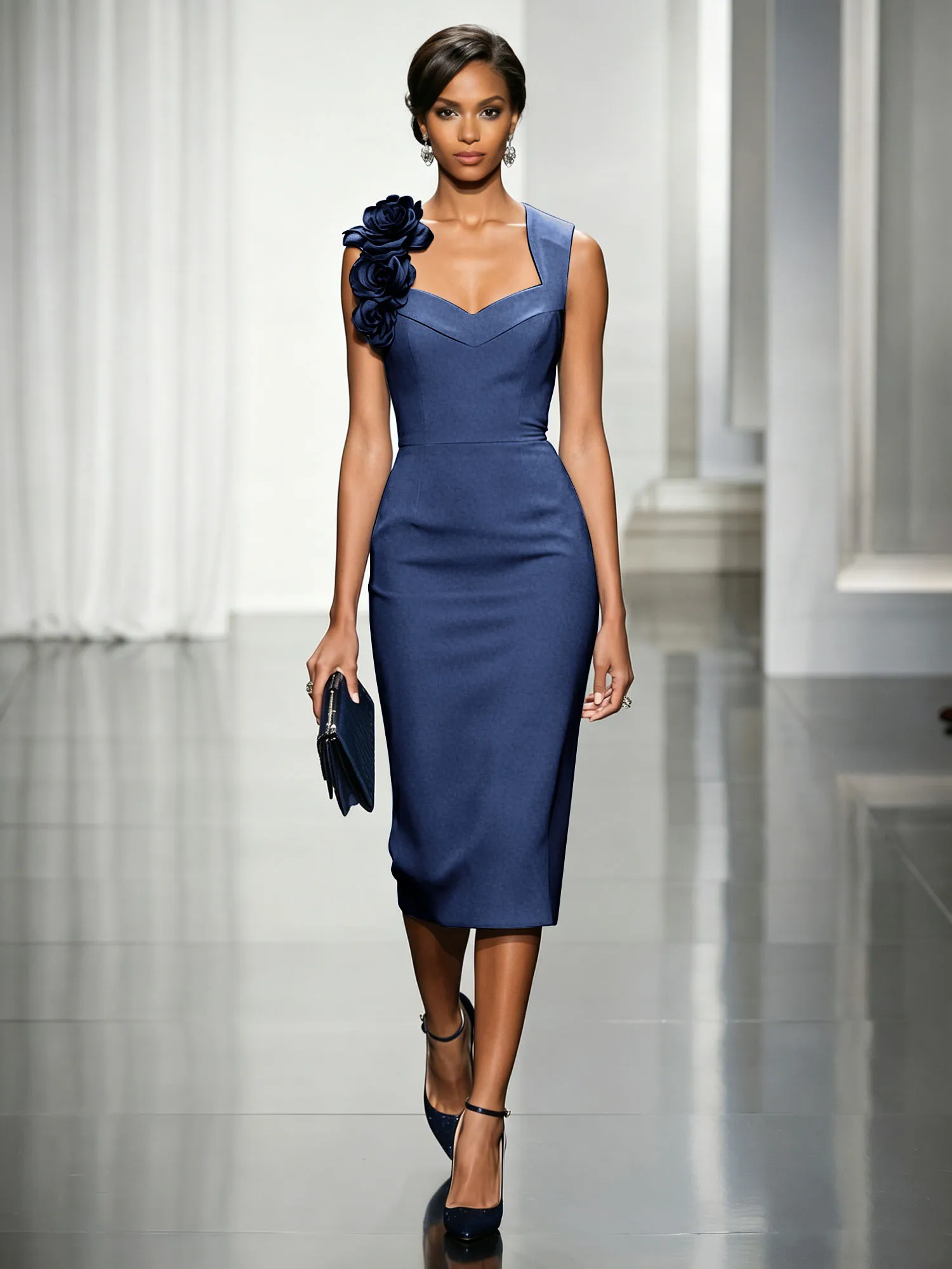 Asymmetric Neckline Crepe Midi Dress with 3D Floral Appliqué