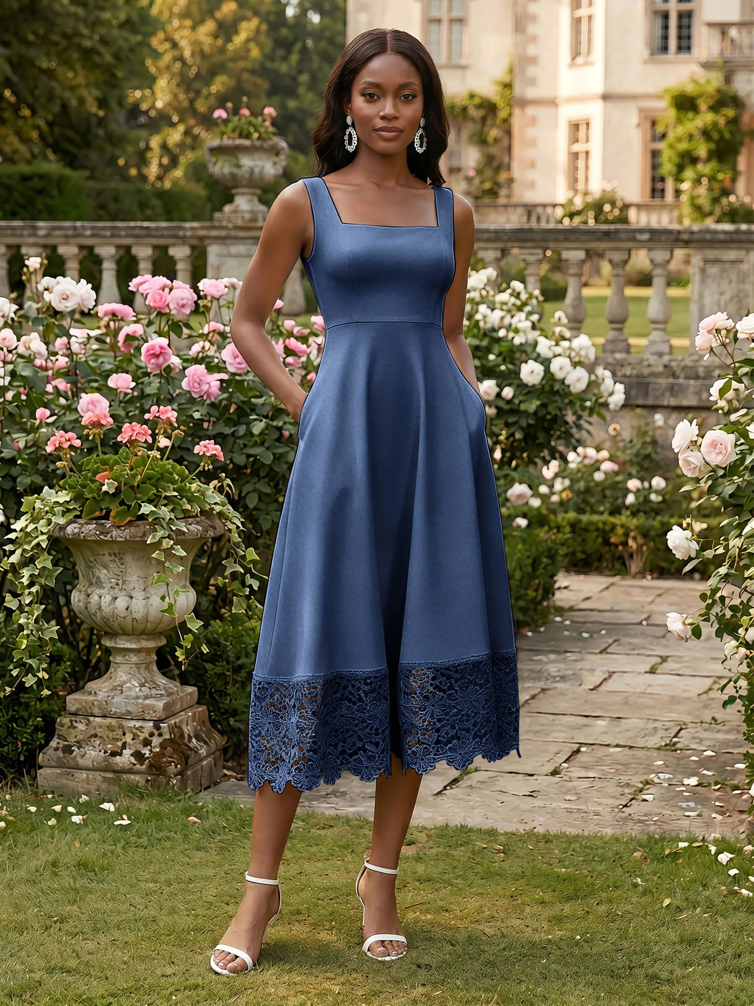 Square Neck Crepe Midi Evening Dress with Lace Hem