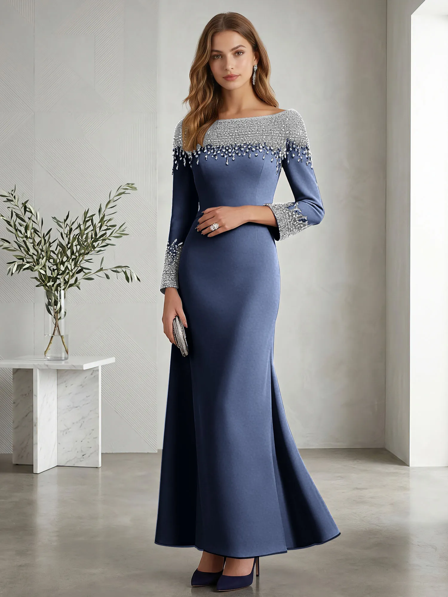 Beaded Off-the-Shoulder Long Sleeve Mermaid Evening Gown