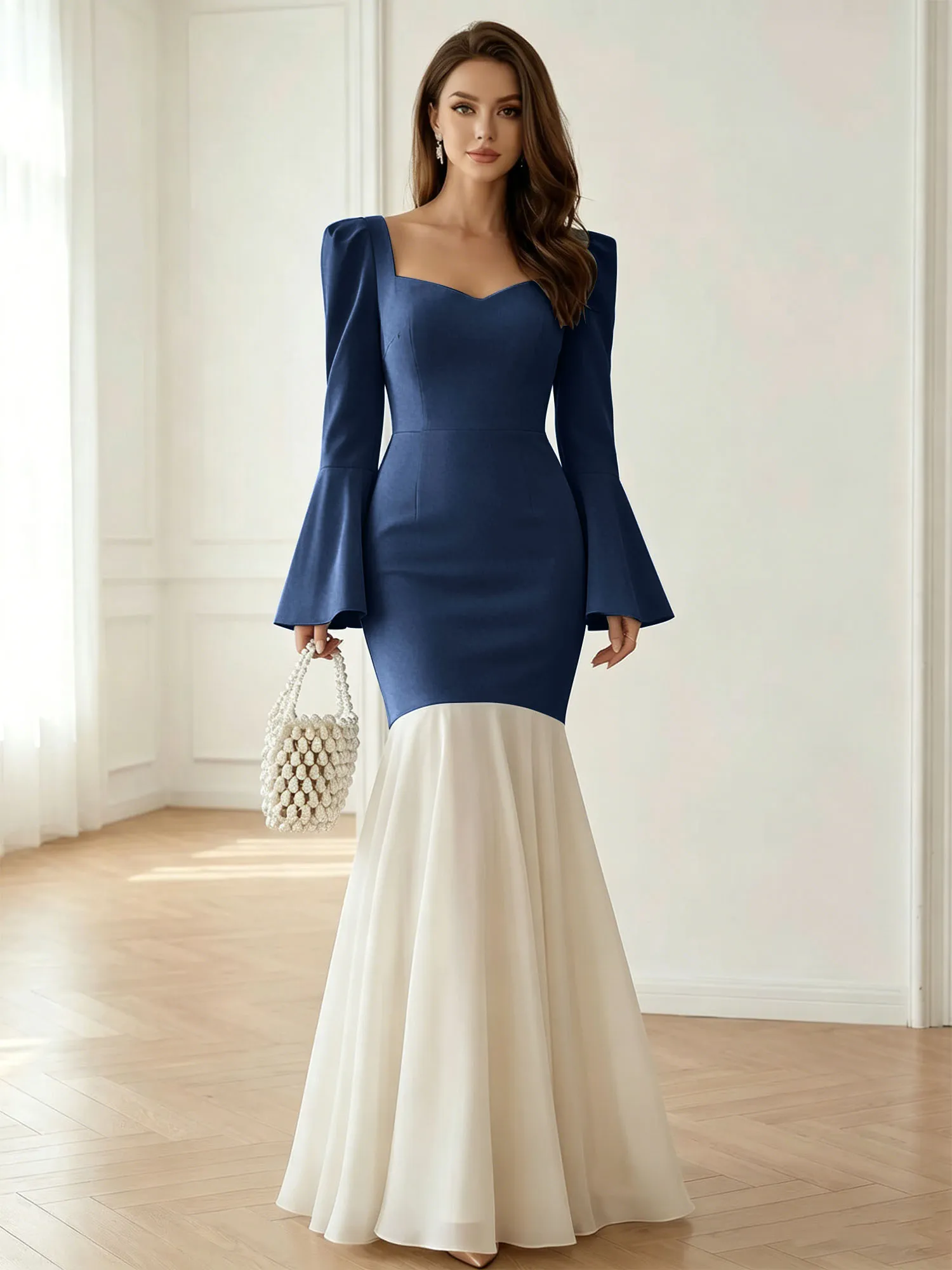 Sweetheart Neck Bell Sleeve Two-Tone Mermaid Evening Gown
