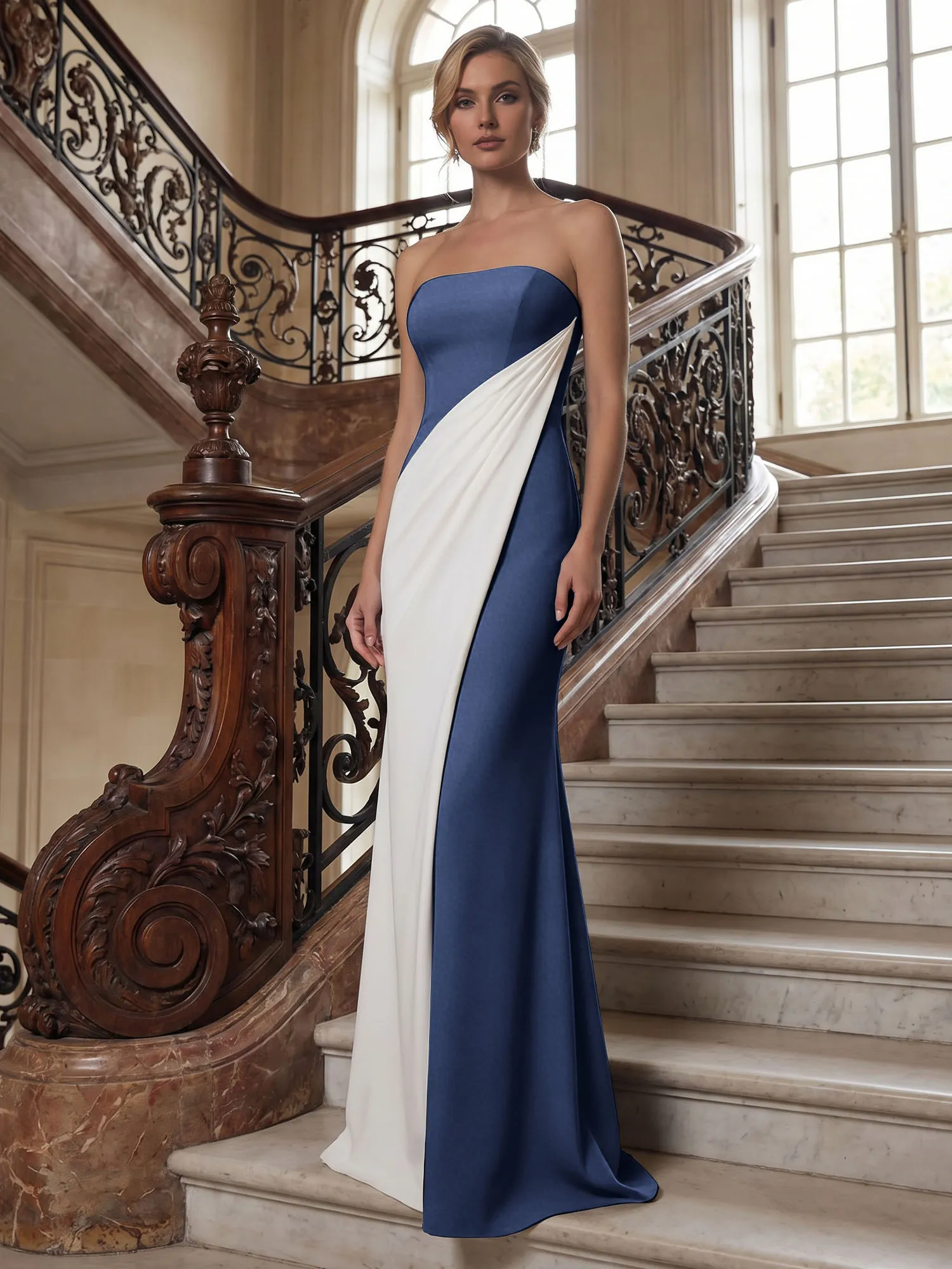 Strapless Two-Tone Draped Mermaid Evening Gown