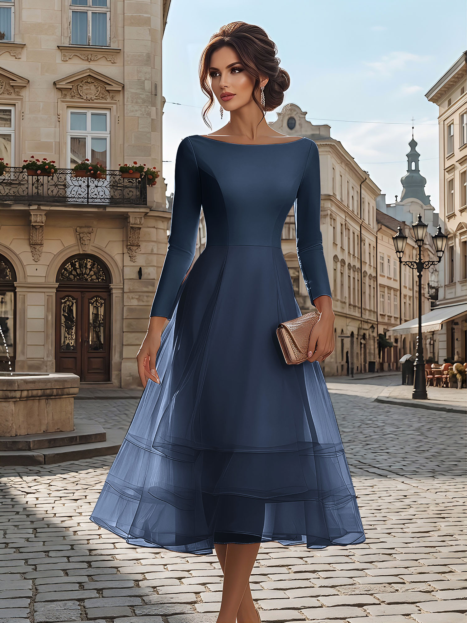 Timeless Evening Foraml Gown Blush Pink Long-Sleeve Layered Organza Midi Dress