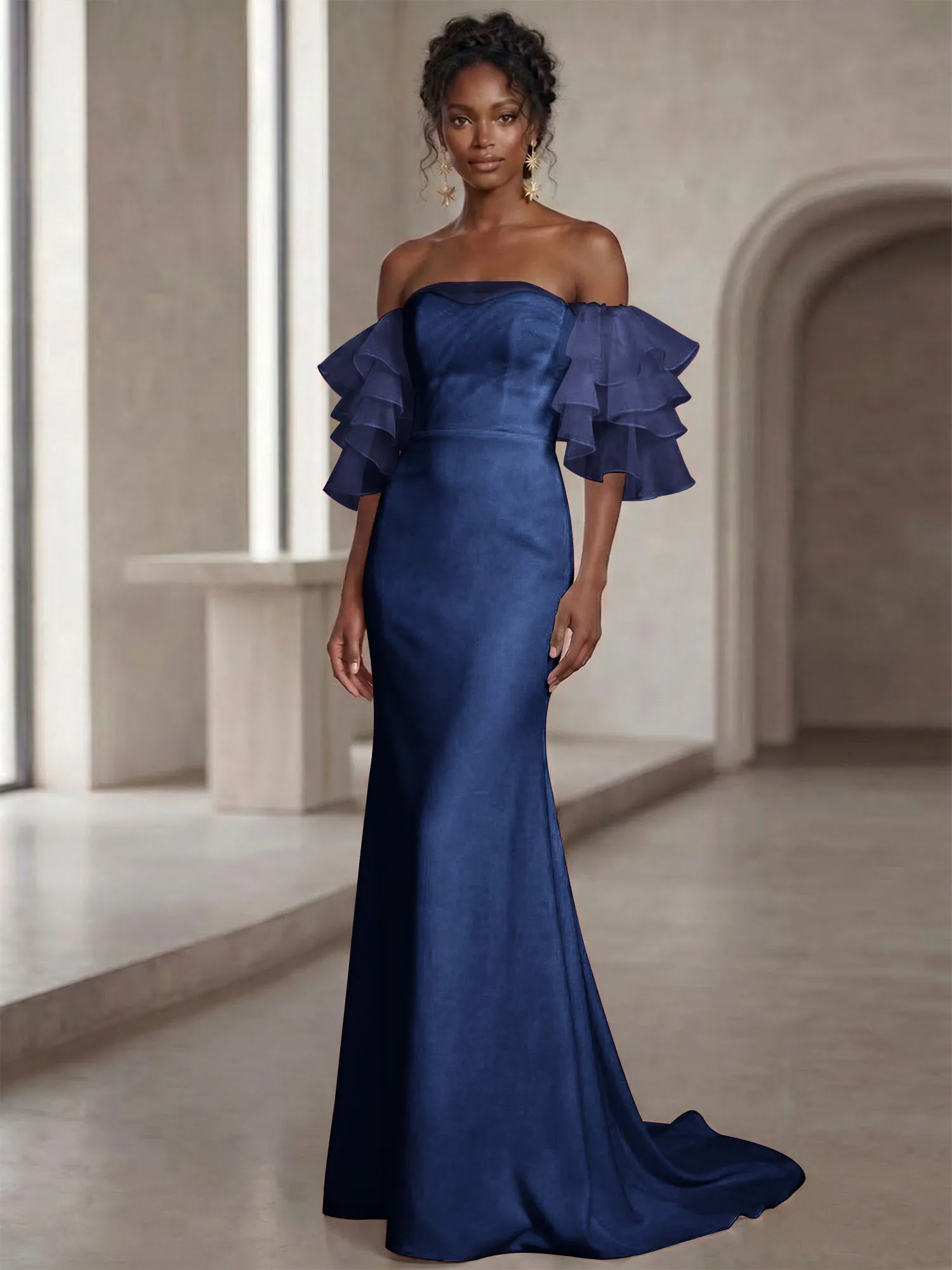 Off-the-Shoulder Tiered Organza Sleeve Mermaid Evening Gown