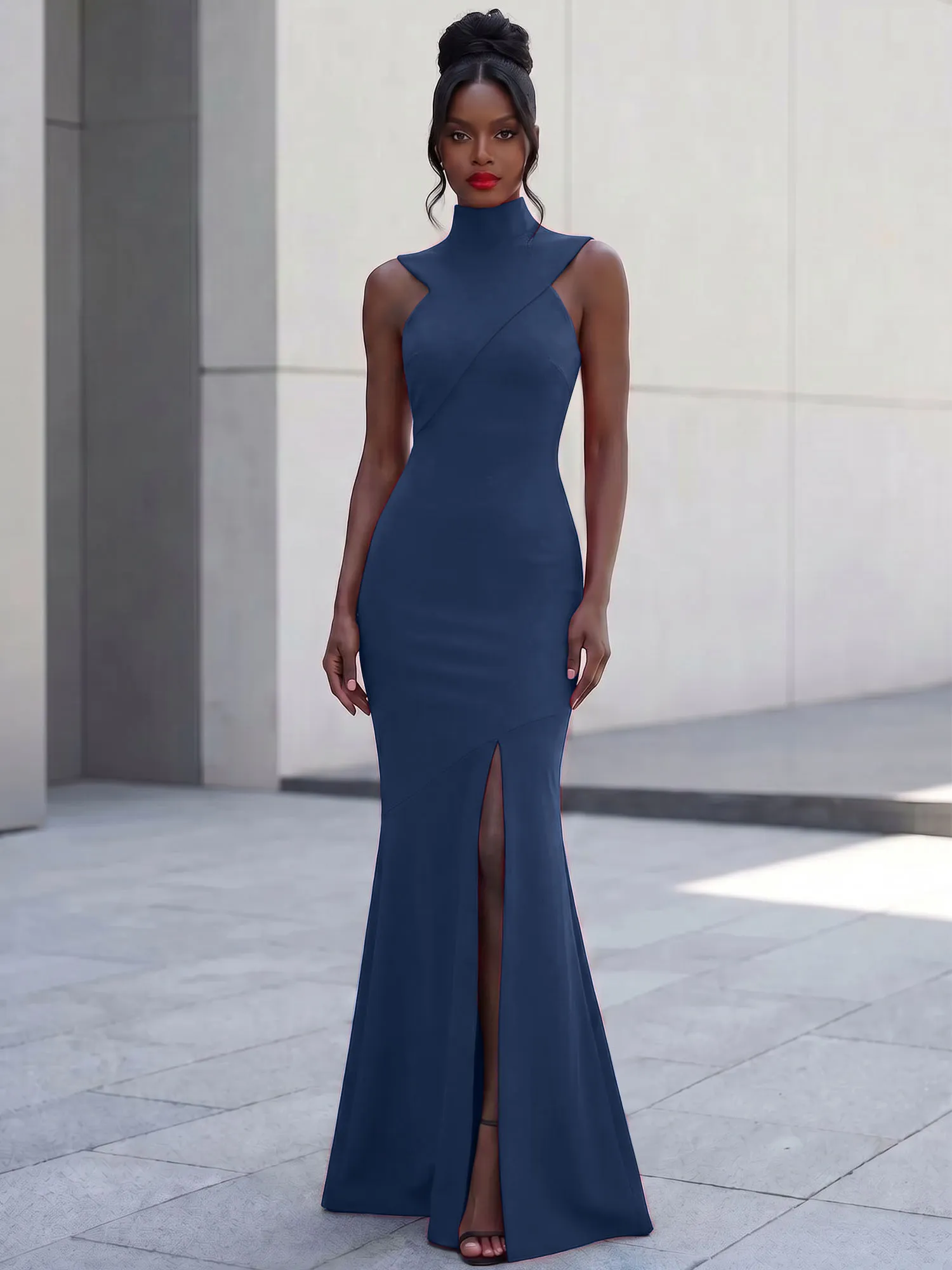 High Neck Asymmetric Cutout Mermaid Evening Gown