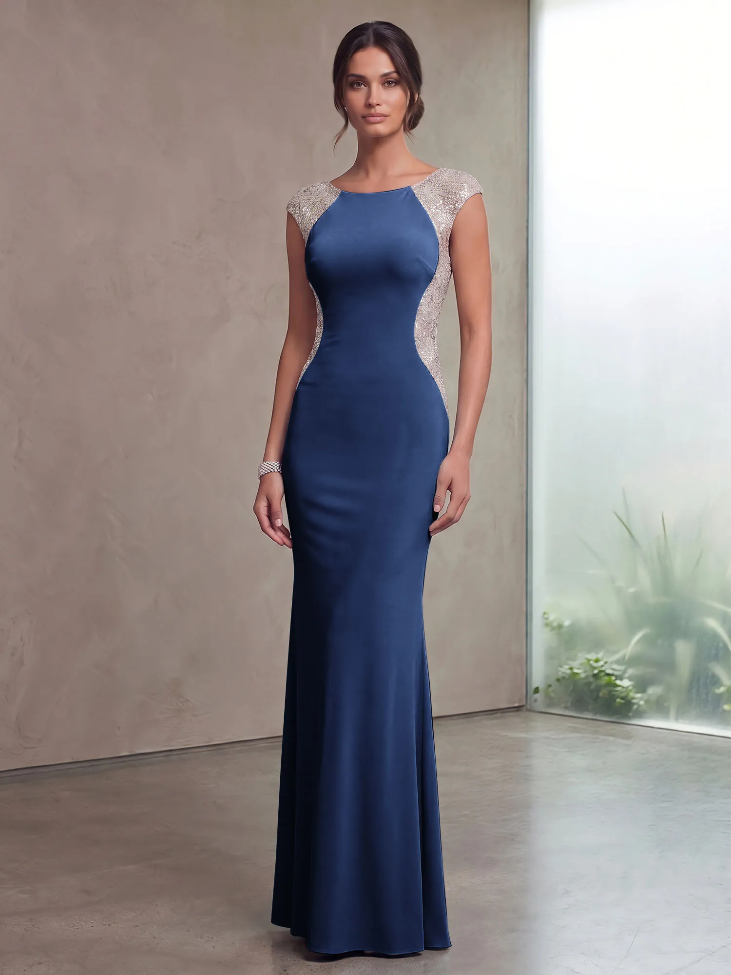 Bateau Neck Sequins Cap Sleeve Mermaid Evening Gown