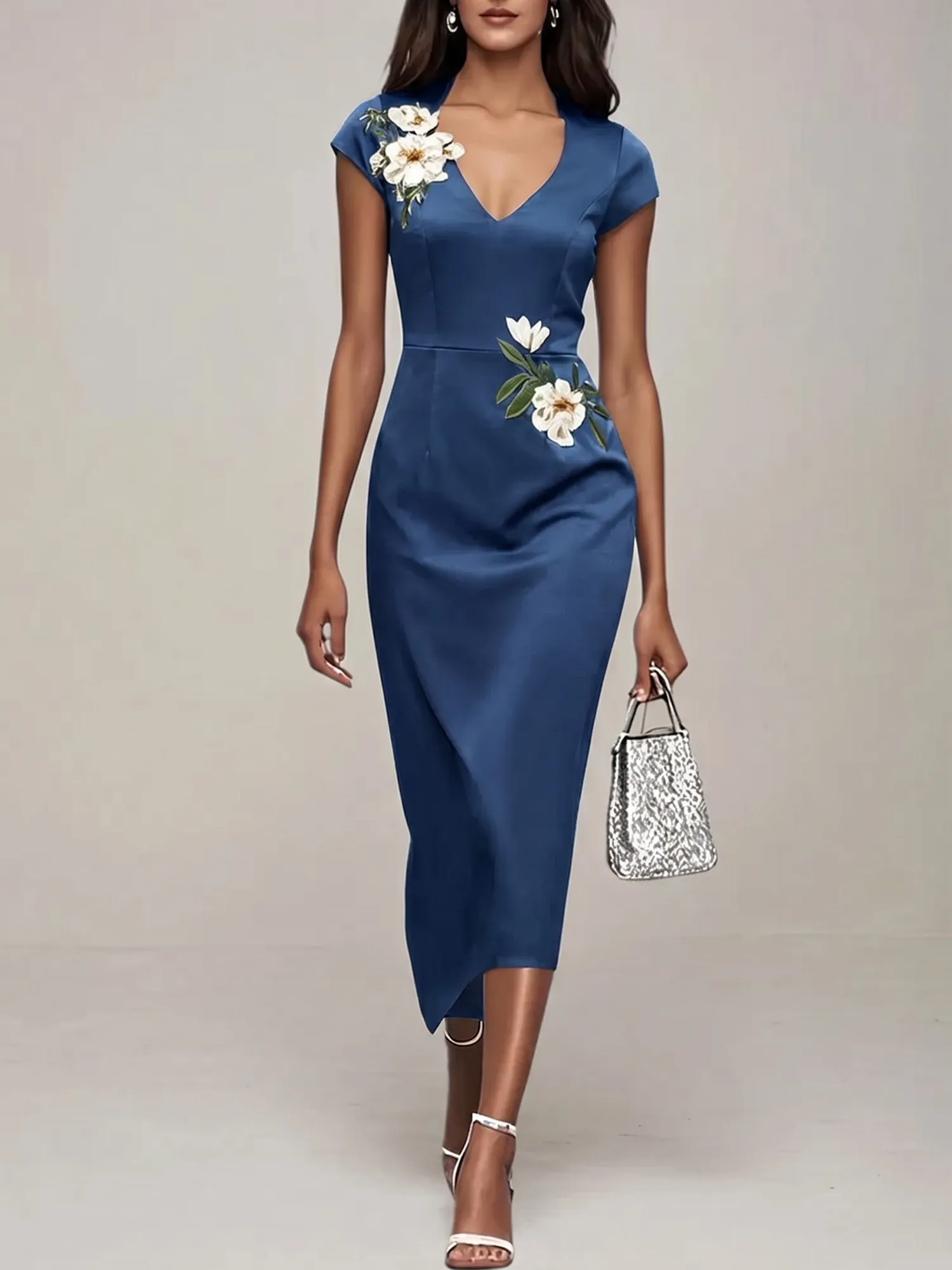 V-Neck Cap Sleeve Floral Embroidered Sheath Evening Dress