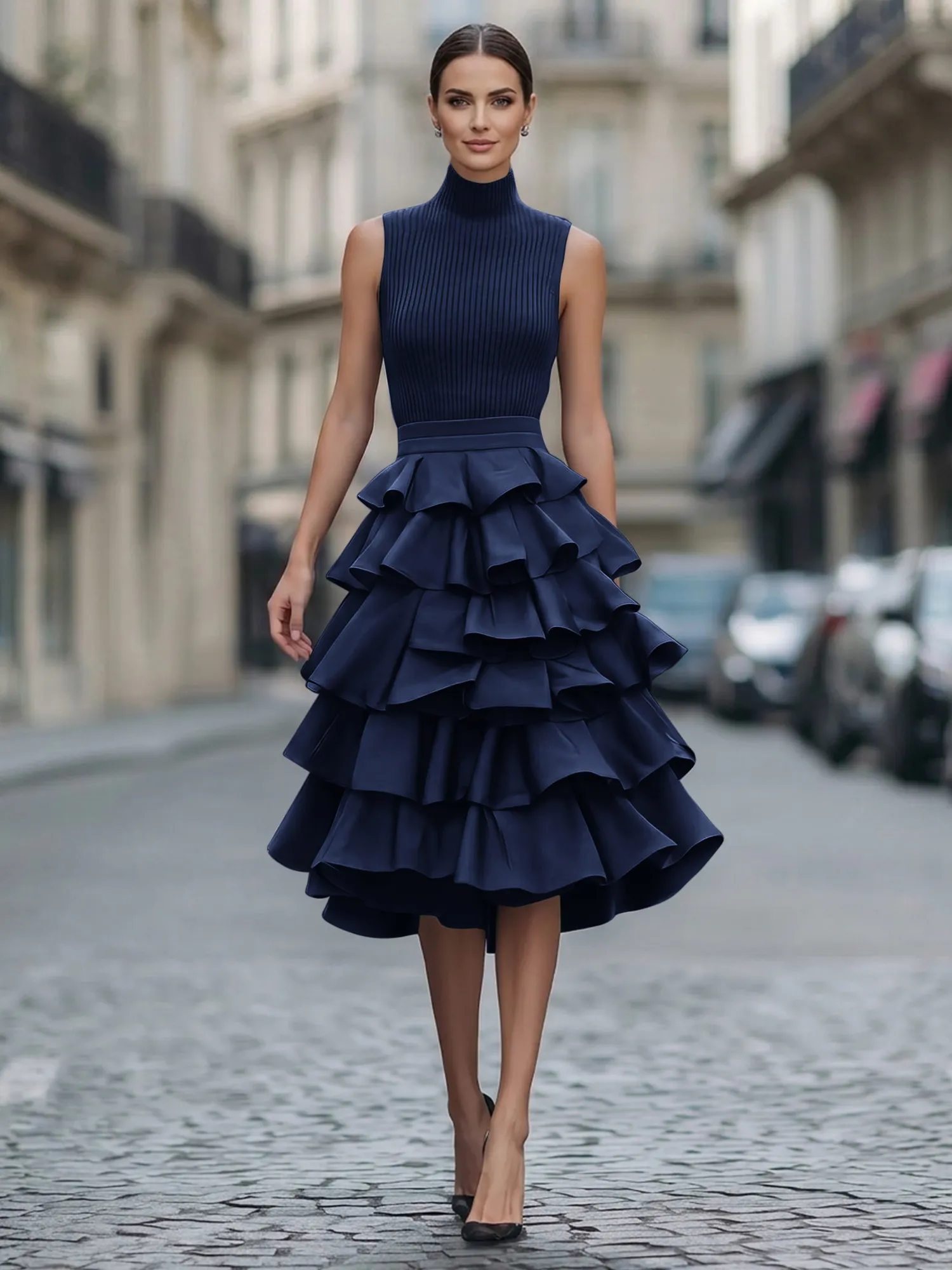 A Line High-Neck Pleated Tiered Evening Dress Maxi Dress