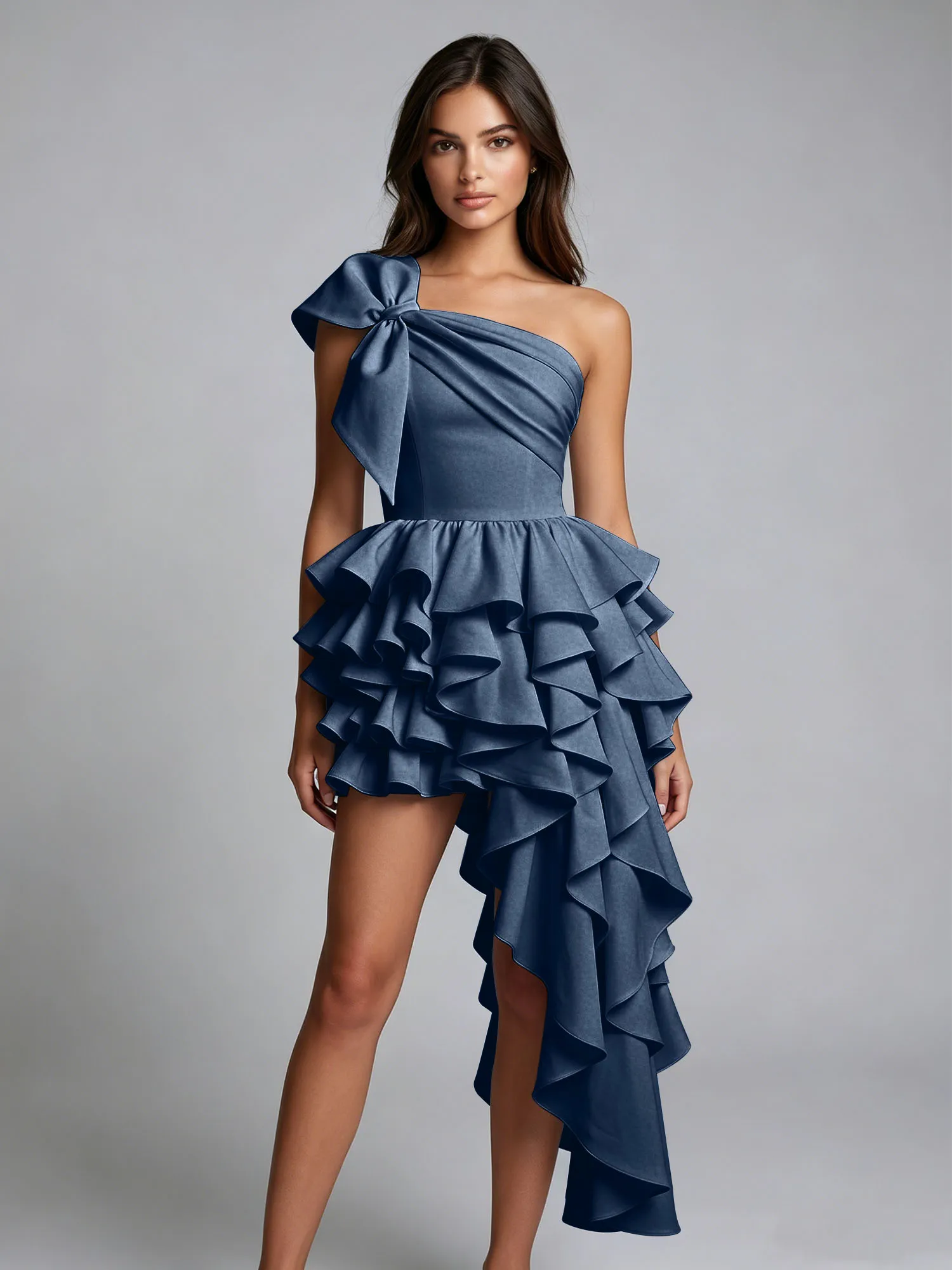 One-Shoulder Bow Tiered Ruffle Asymmetrical Homecoming Dress