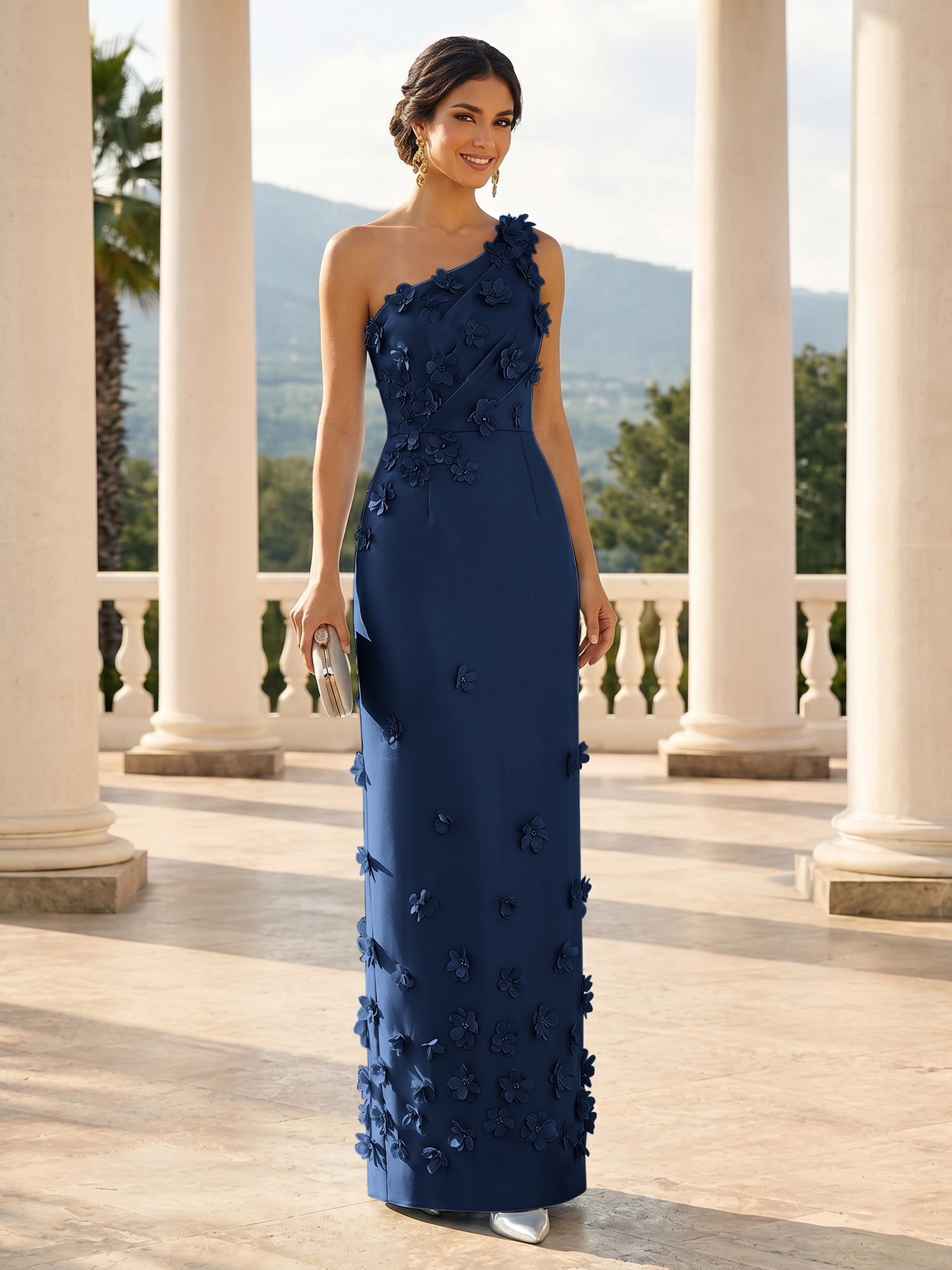 Enchanting Sky Blue One-Shoulder Evening Dress with 3D Floral Appliqués