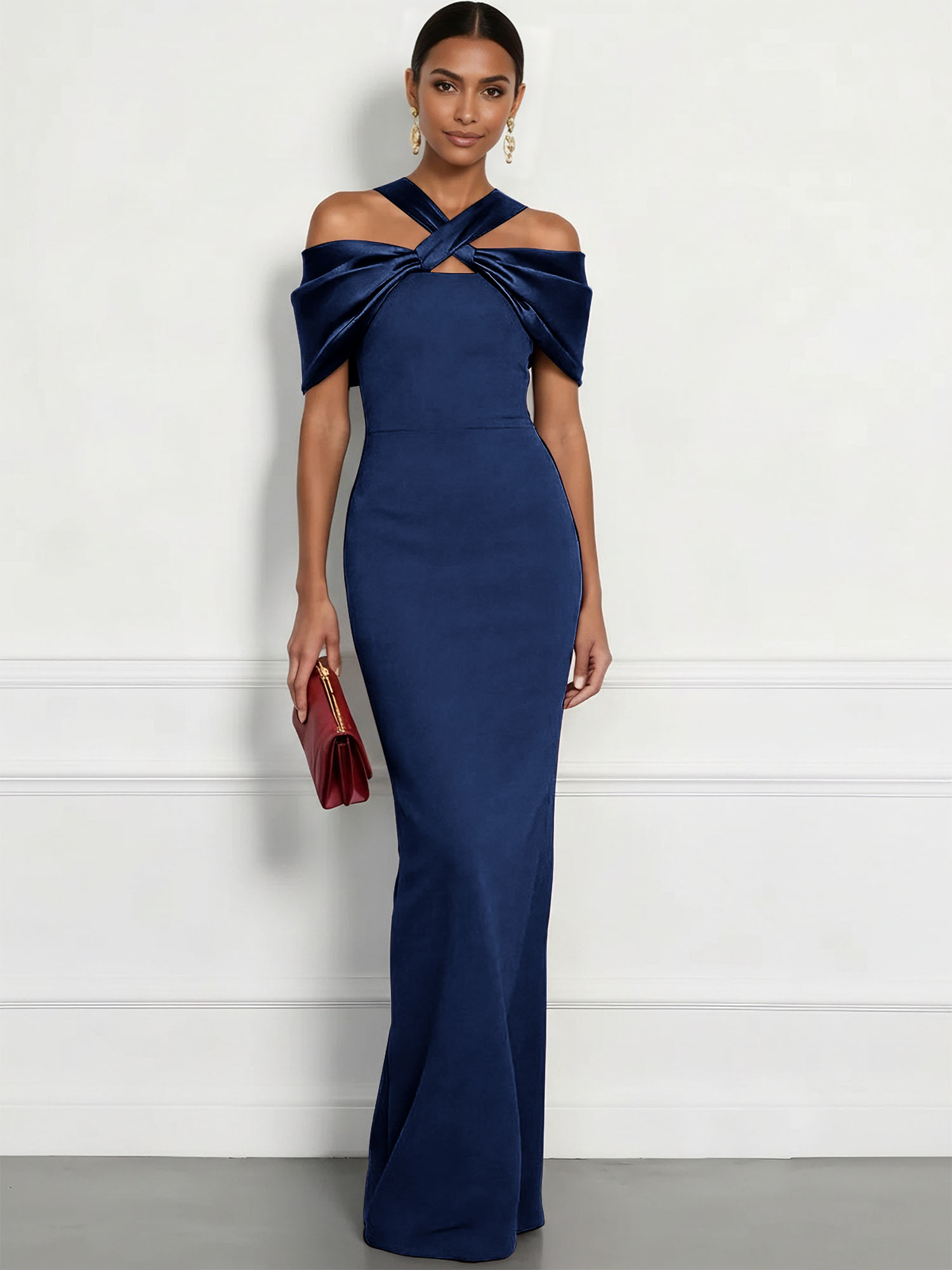  Regal Plum Crepe Column Gown with Satin Criss-Cross Halter Maxi Dress