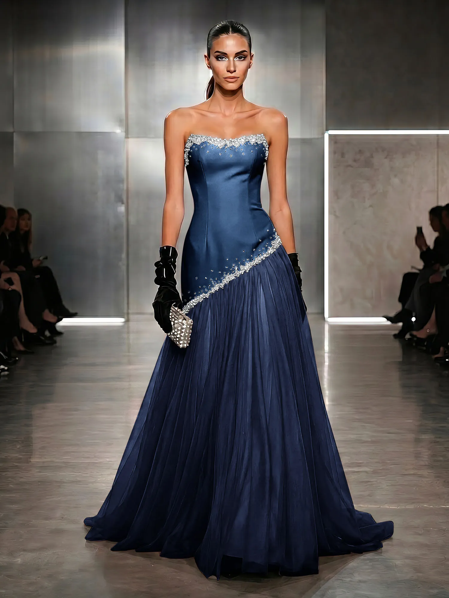 Strapless Tulle Beaded Corset Evening Gown Maxi Dress