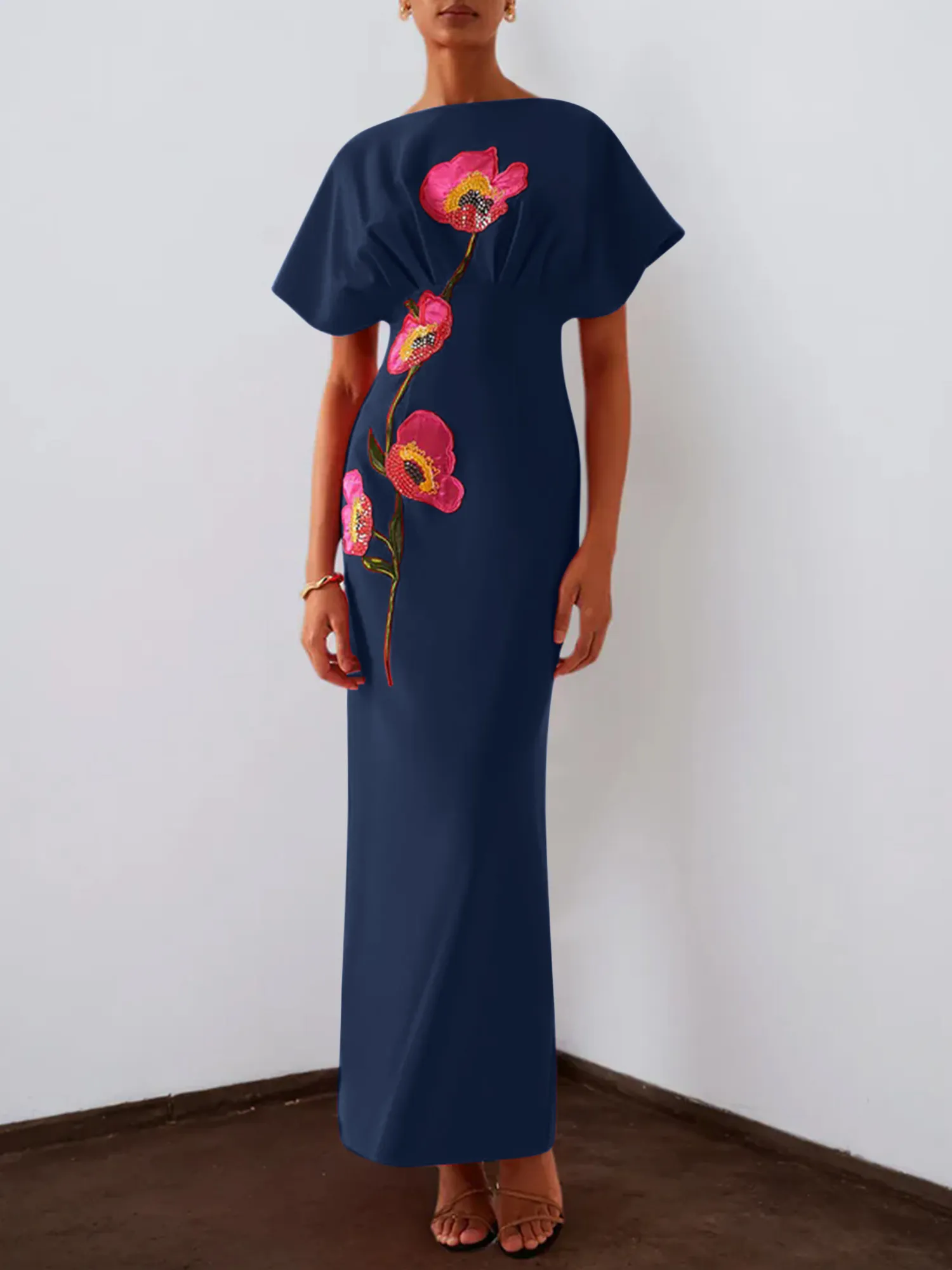 Floral Embroidered Boat Neck Batwing Sleeve Column Evening Gown