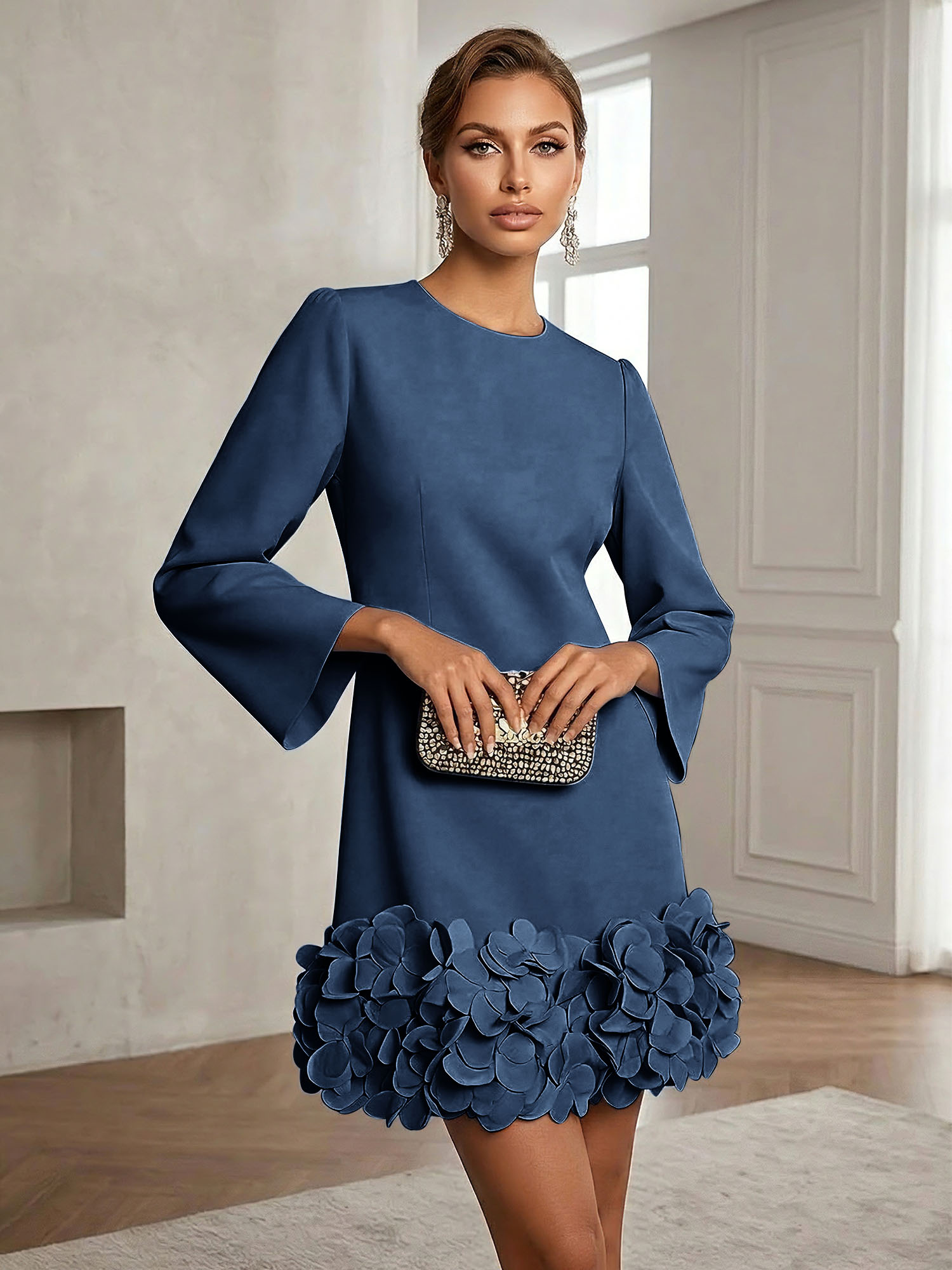 Powder Blue 3D Floral Classic Crew Neck Bell Long Sleeve Shift Mini Dress