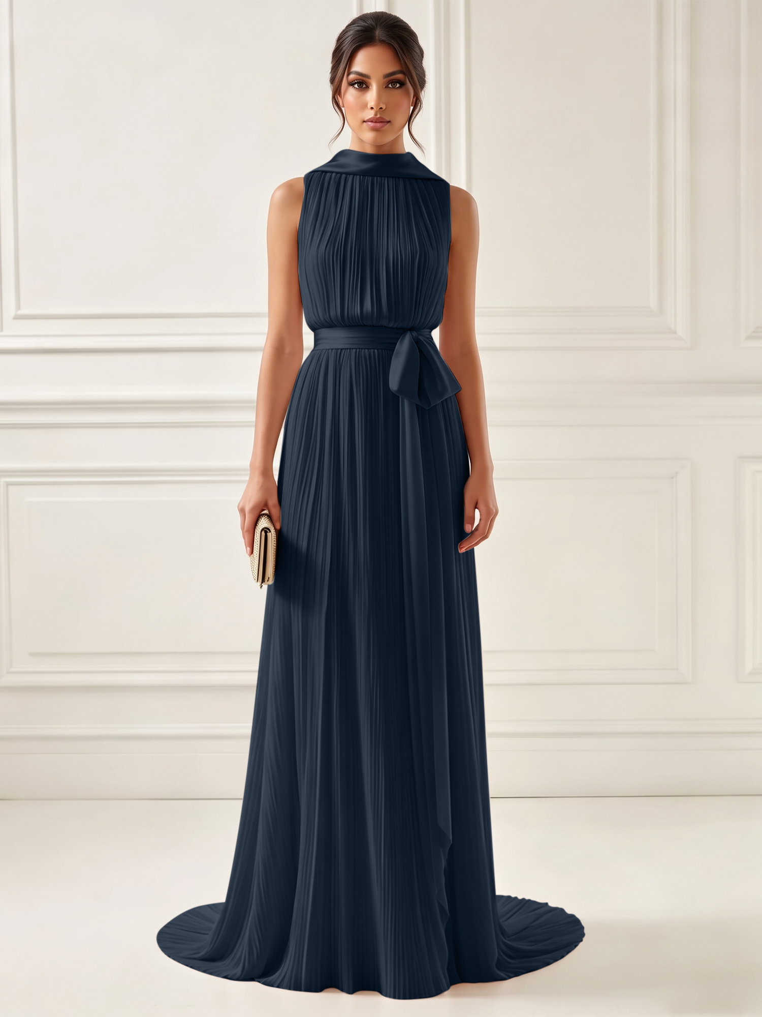 Ethereal Pleated Pastel Pink High Neck Maxi Formal Evening Dress with Satin Sash
