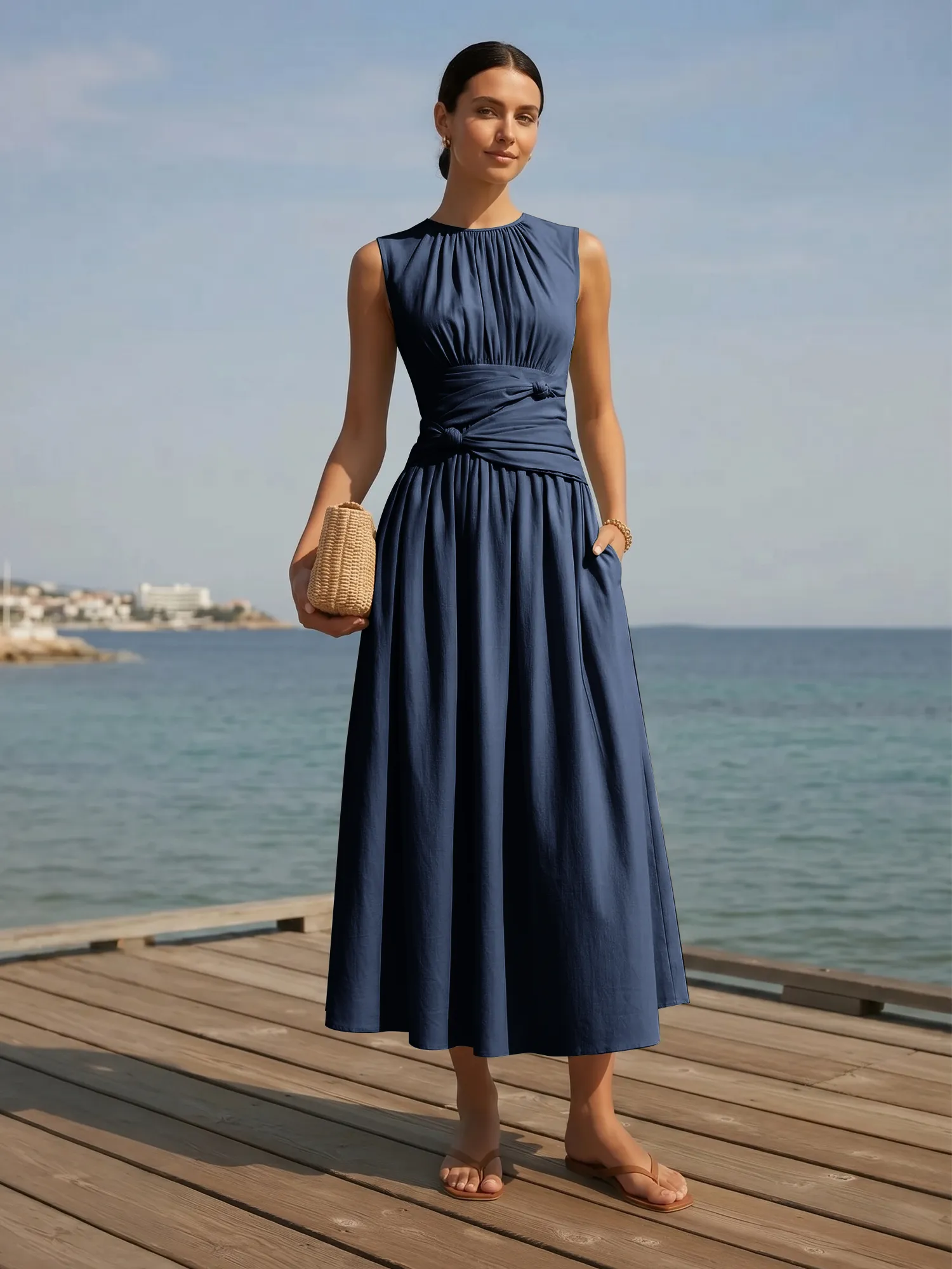 Sleeveless Round Neck Waist-Knot Midi Evening Dress