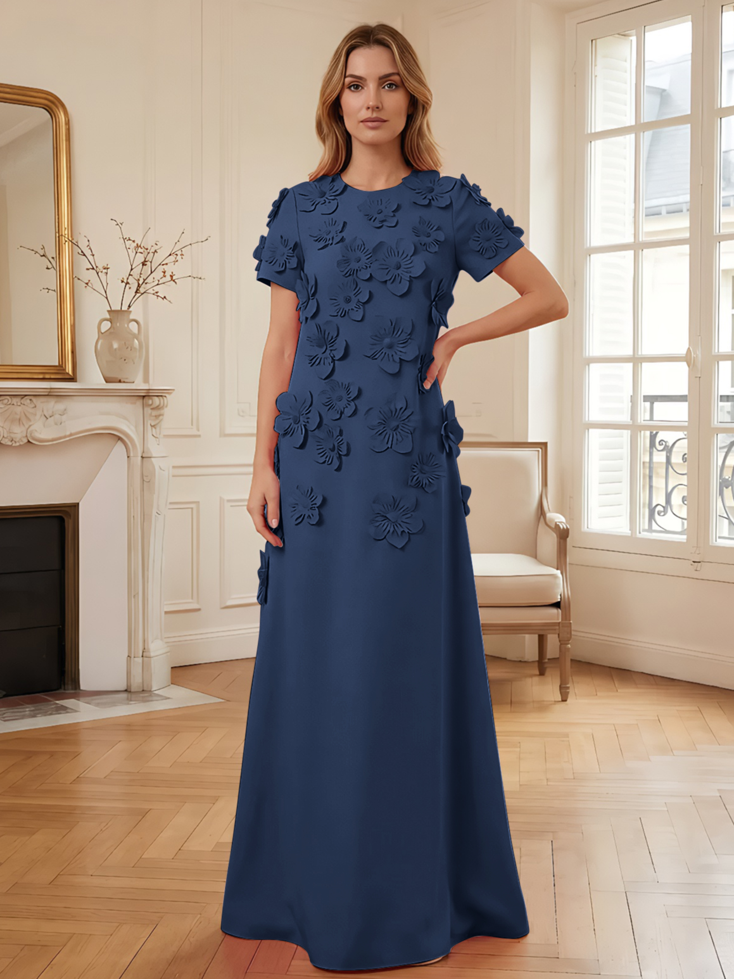 3D Floral Applique Short-Sleeve Column Evening Gown