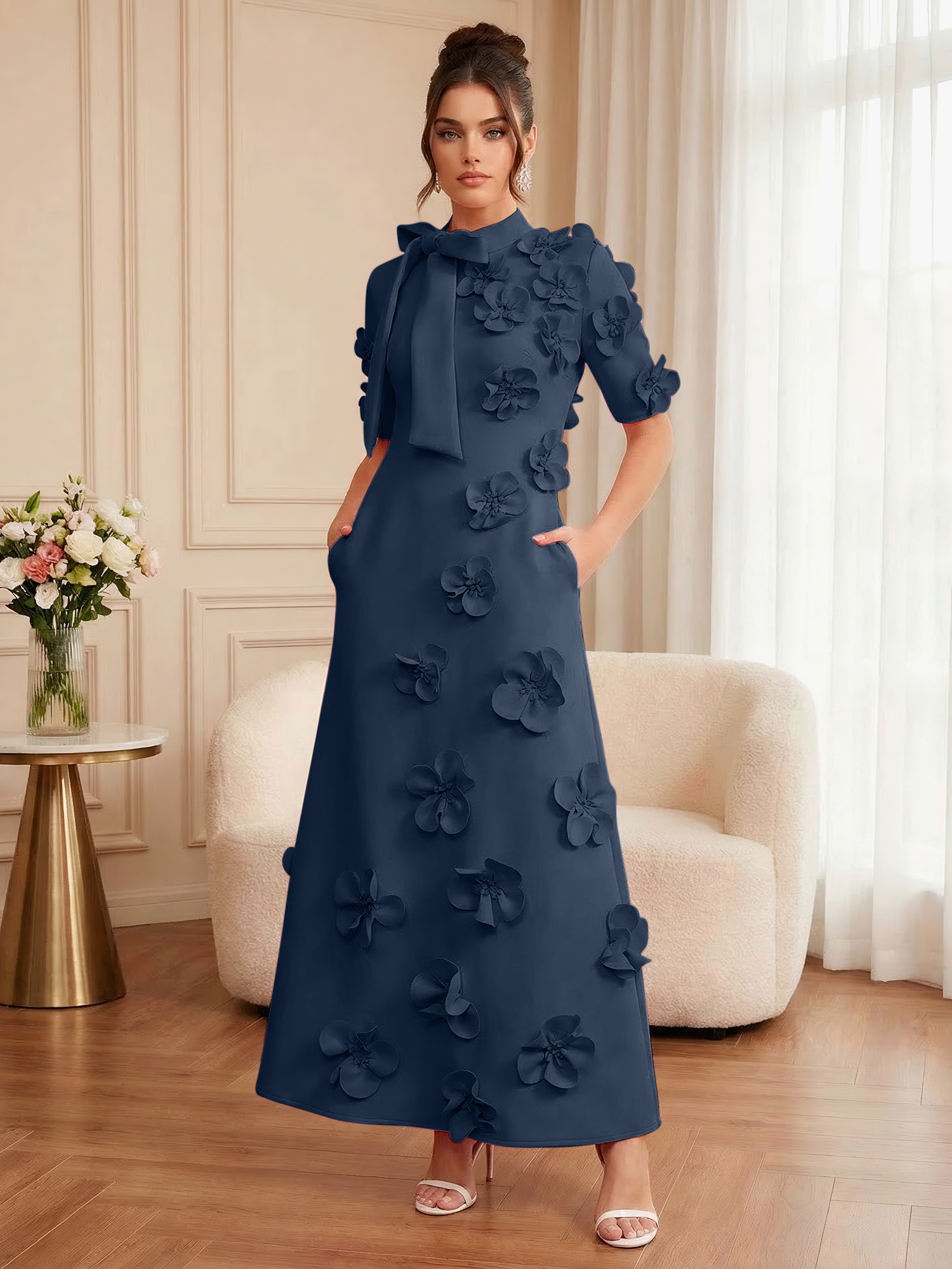 Pink Short Sleeve 3D Floral Maxi Dress Gown