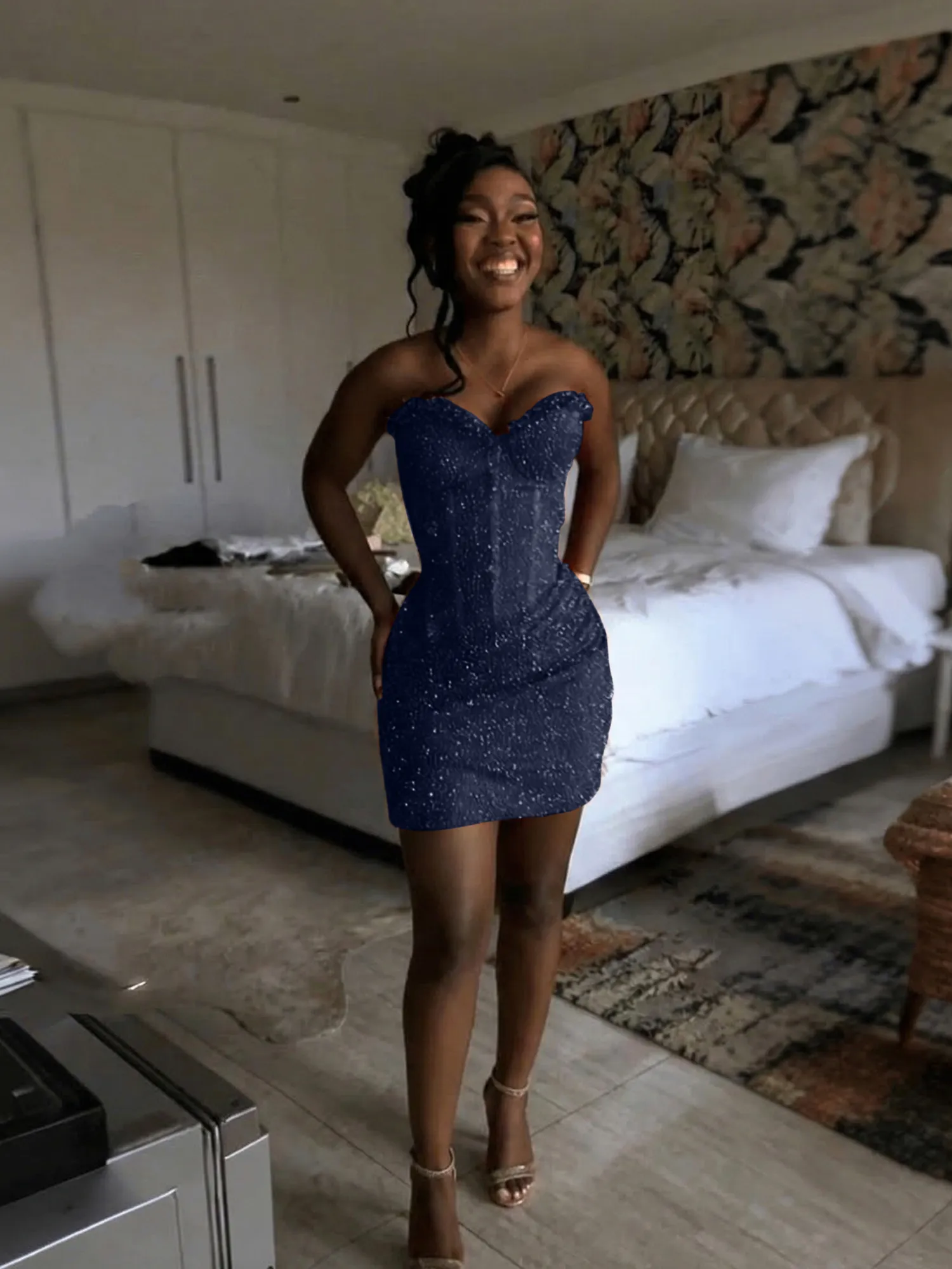 Glitter Strapless Mermaid Sequined Short Homecoming Mini Dress