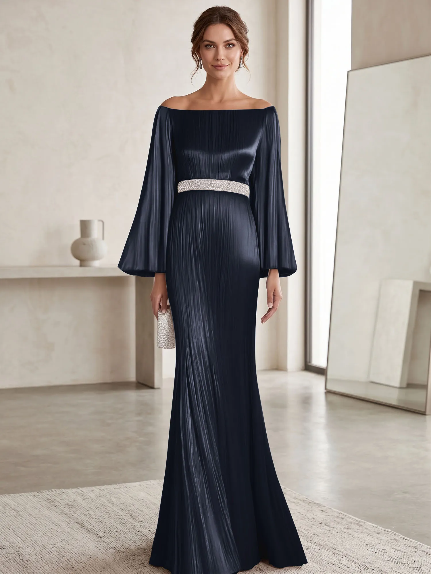 Off-the-Shoulder Pleated Satin Evening Gown with Beaded Waistband