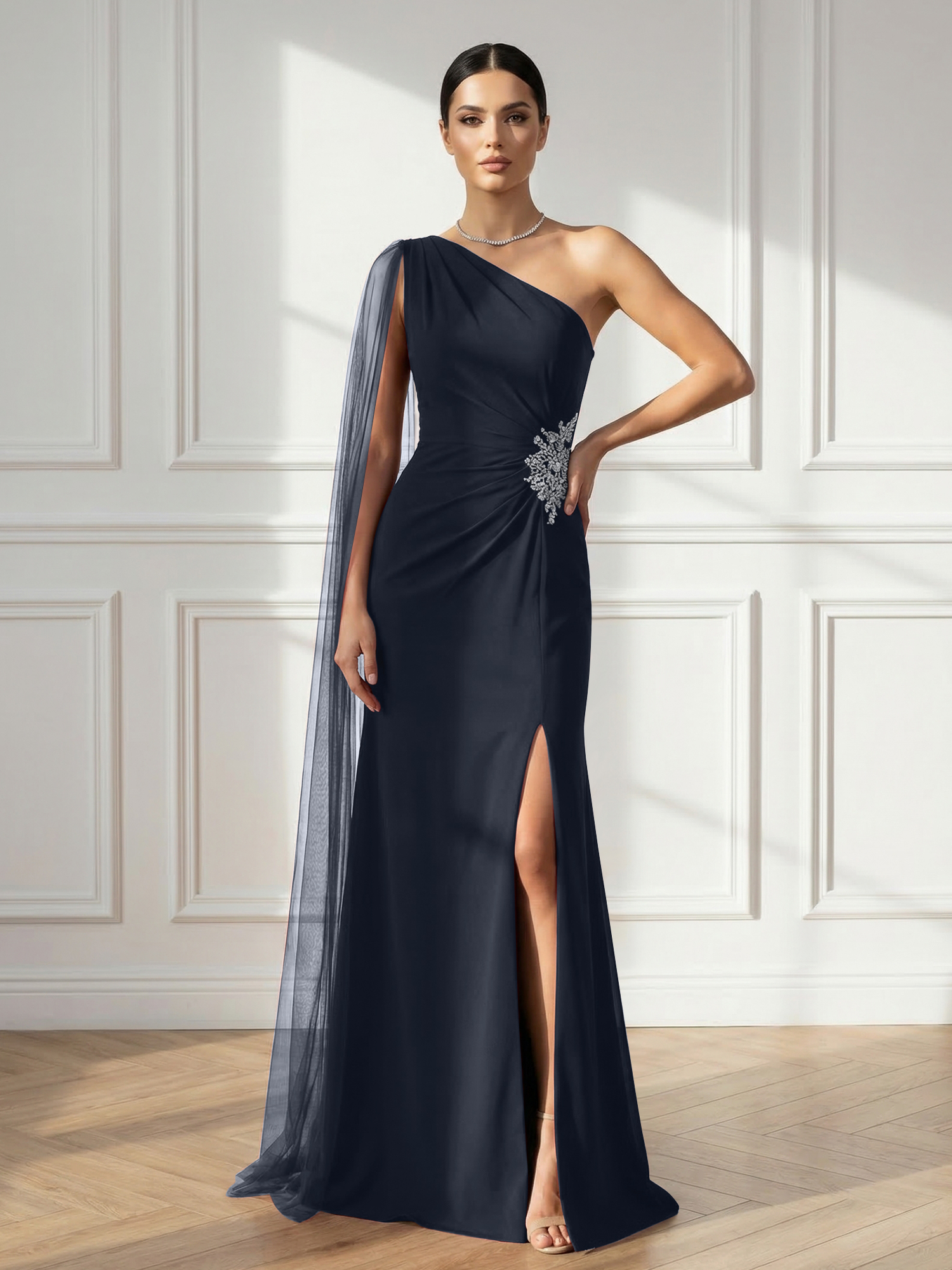 Formal Evening Dress Burgundy One Shoulder Slit Maxi Dress Gown