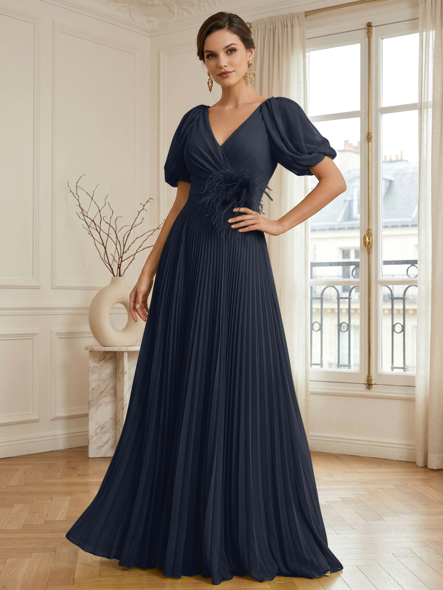 A-Line Chiffon Evening Gown with Feather V-Neck Short Sleeves Formal Dress