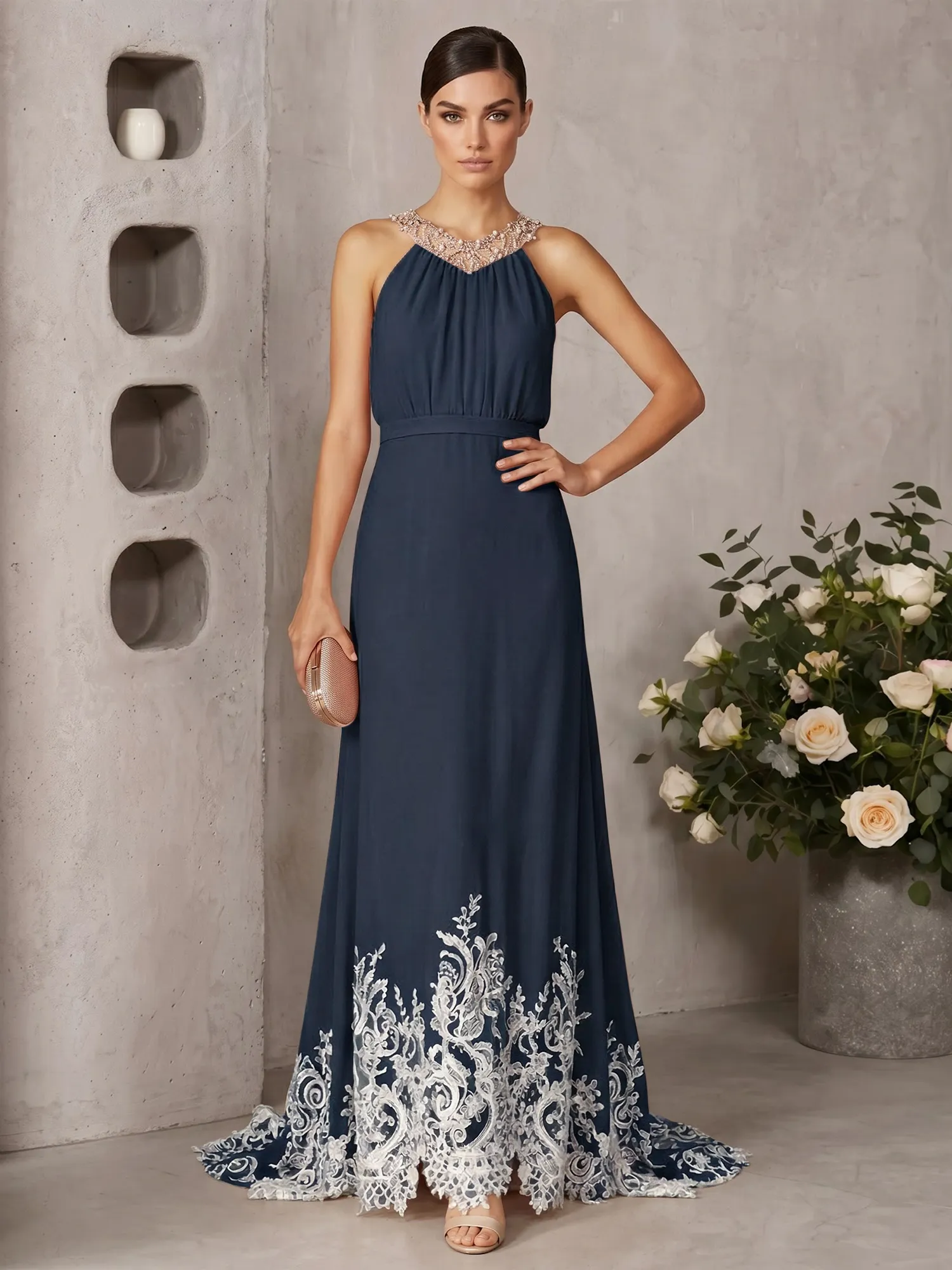 Halter Neck Beaded Chiffon Gown with Lace Hem