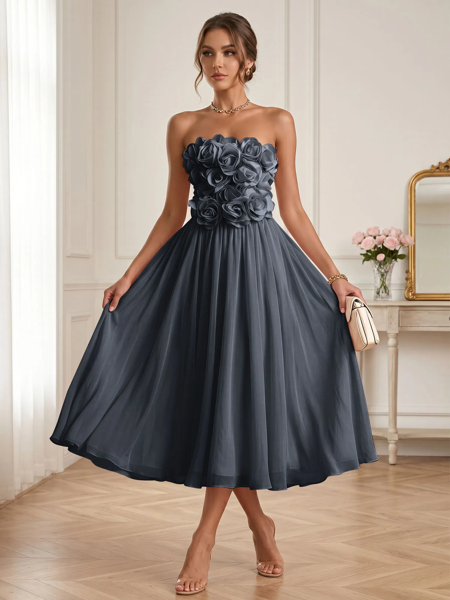Strapless 3D Floral Chiffon A-Line Midi Formal Dress